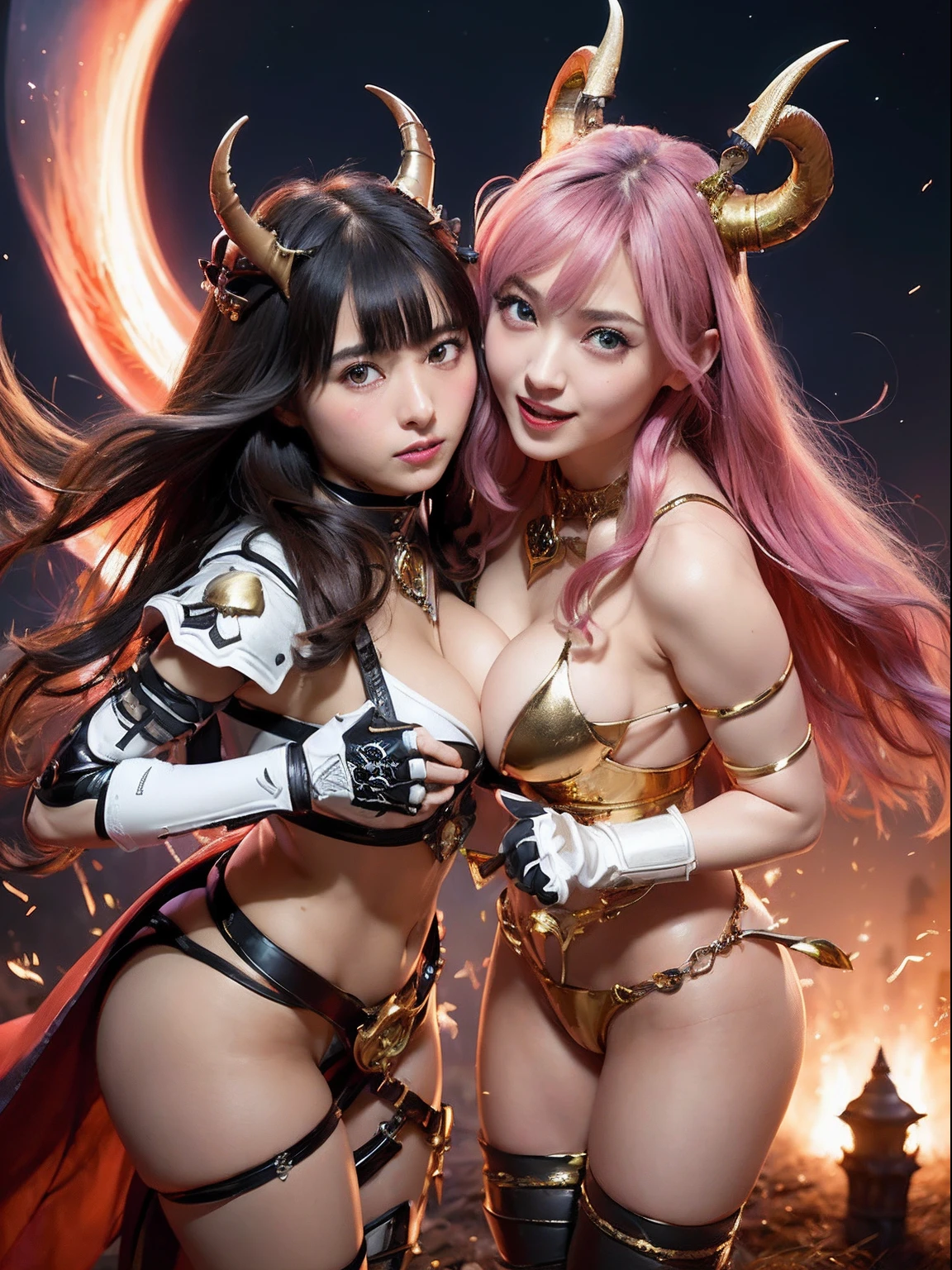 Professional , masterpiece、top-quality、photos realistic , depth of fields 、(A dark-haired) 、(Gemstone Pink Metal Body:1.4),(Matte Pink White、Jewel Gold Weapon、(maikurobikini),Gorgeous metal weapons ,Particles of light、(Fight dragons)、(Black wings)、(( Detailed and gorgeous sword of the brave)) ,Light Effects、intense fighting、Wind-effect、magic circles、 (A dark-haired) ,Fight legions of soldiers in skeleton armor 、With the legendary magic wand、Dragon's tail、explosions、((maikurobikini))、((Gangle's forest background))、Beautiful Caucasian beauty、1a person、dynamic ungle,(((Details of the two demon horns on the head)))、Smaller head、A smile、Background inside the castle、Thin and beautiful female hands、cleavage of the breast、Mystical expression、Light Effects、Wind-effect、(wingspan)、Toostock、Anatomically correct body、Battle Pose、