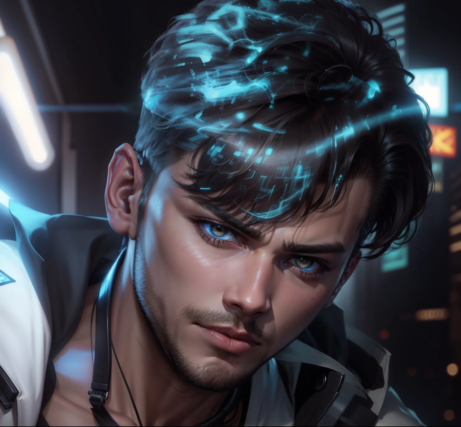 Change background cyberpunk handsome boy, realistic face, 8k, ultra realistic