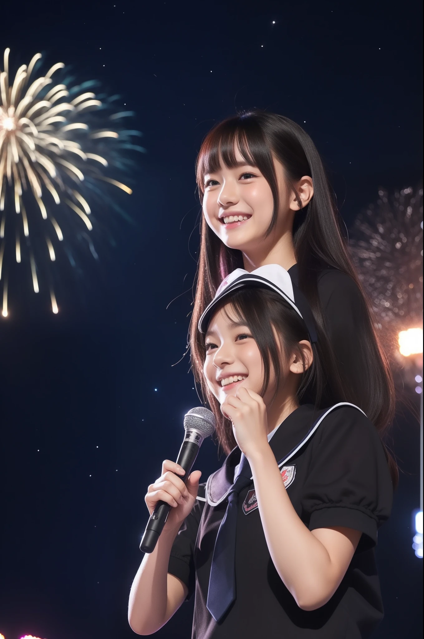 A smile、hi-school girl、校服、shortsleeves、While doing fireworks、starrysky、Aurora、Tiere、While holding the microphone
