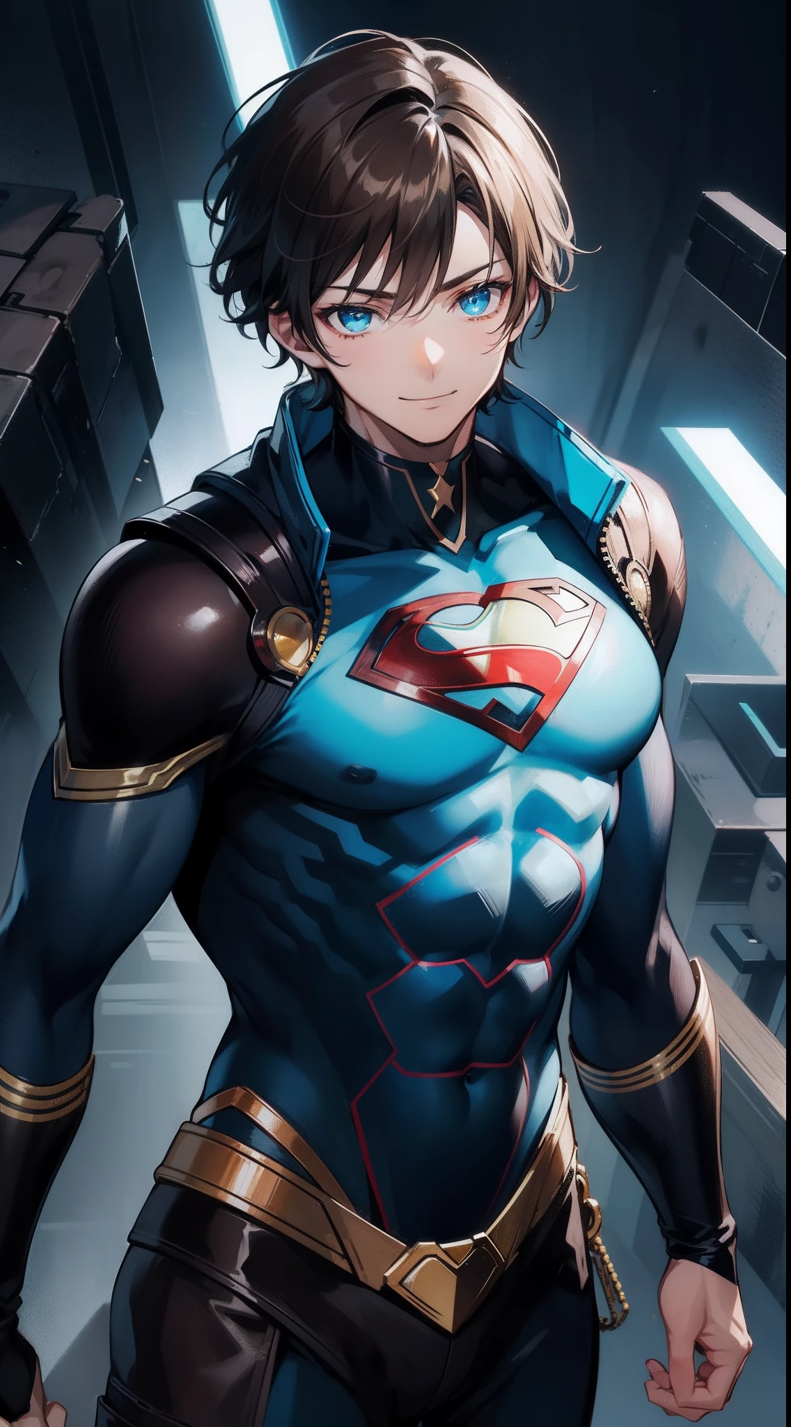 Young guy, short brown hair, Cyan eyes, brawn, Black Superman costume, ssmile, Masterpiece, hiquality