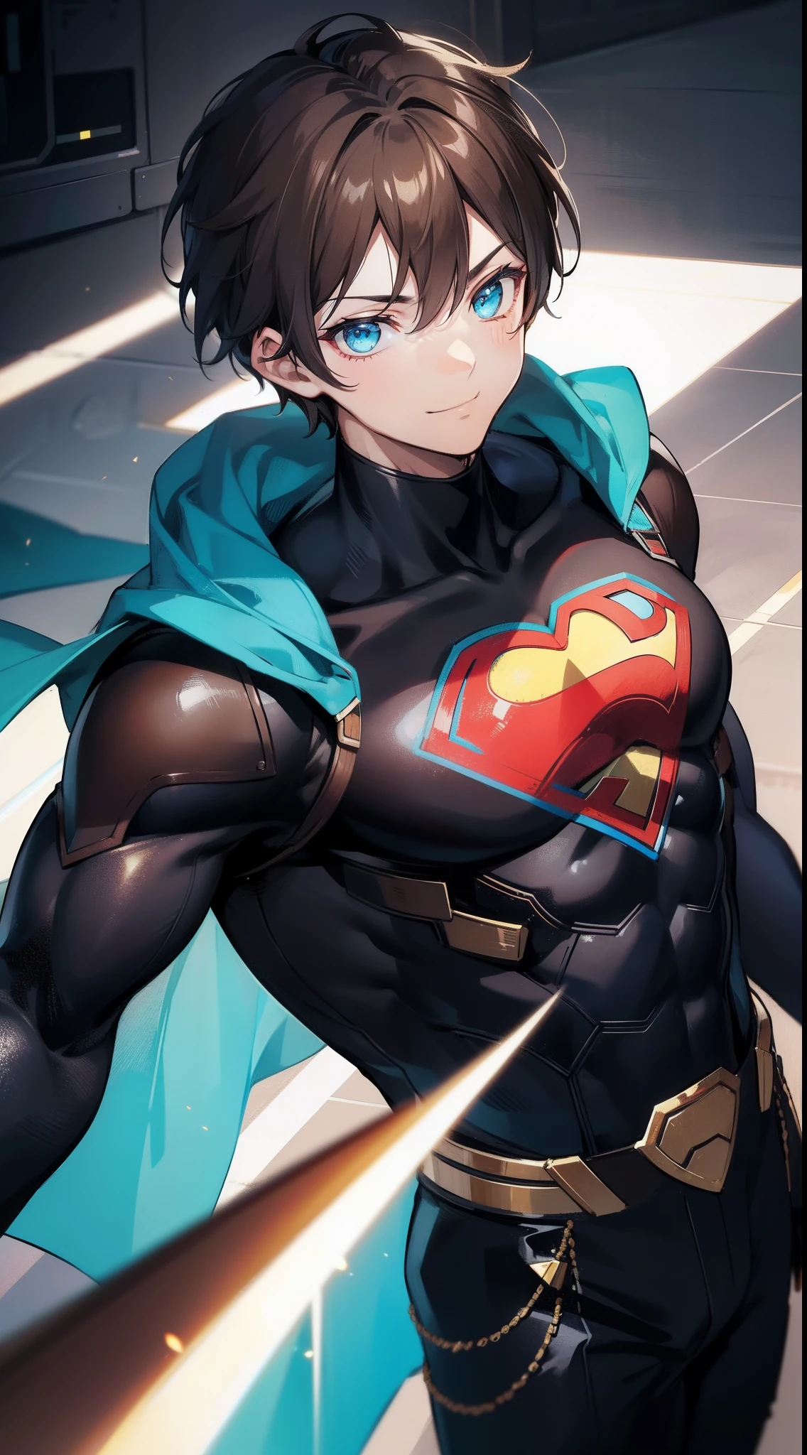 Young guy, short brown hair, Cyan eyes, brawn, Black Superman costume, ssmile, Masterpiece, hiquality