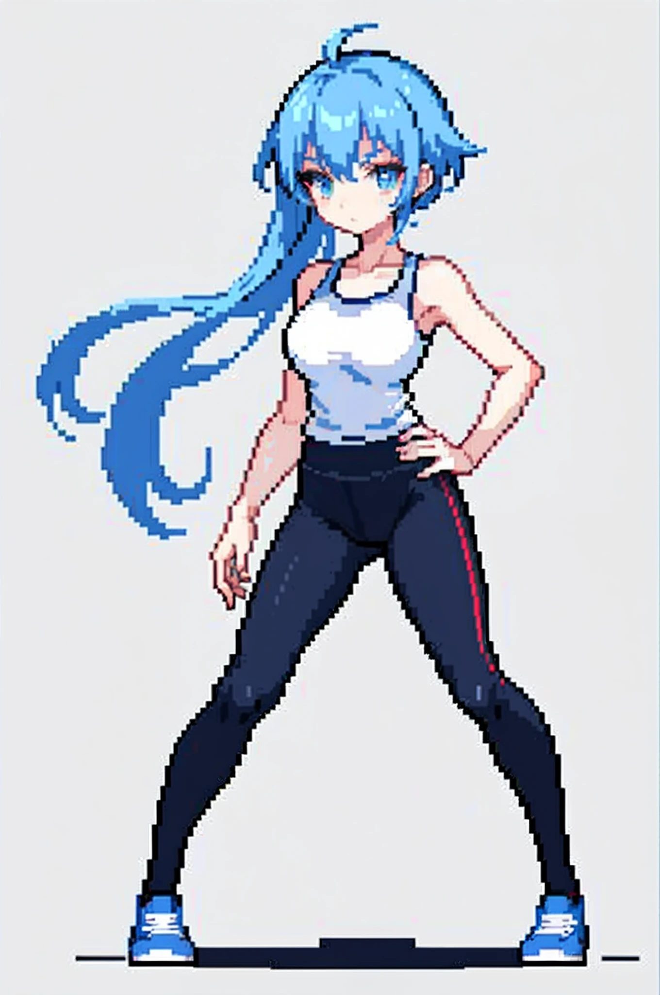 (tmasterpiece,top Quority,best qualtiy),pix,pixelart,1girll,full bodyesbian,blue hairs,Black yoga pants,white camisole,Stand up,Hands on the waist,white backgrounid,At the foot are dumbbells,Kettlebells are scattered on the ground,Towel on girl's shoulder