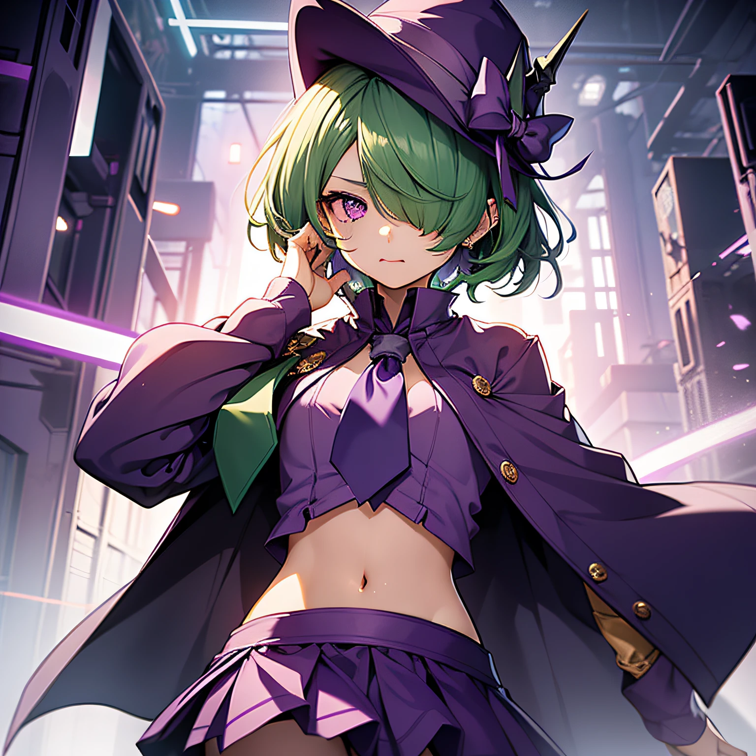 top-quality、extremely delicate and beautiful、(A age girl)、Purple Eye、Green hair、short-haired、(Purple pointy hat)、Purple tie、Soio、shortsleeves、Purple skirt、Purple Wizard Robe、Navel、is standing、((Only one eye))、((Cuts on the face))