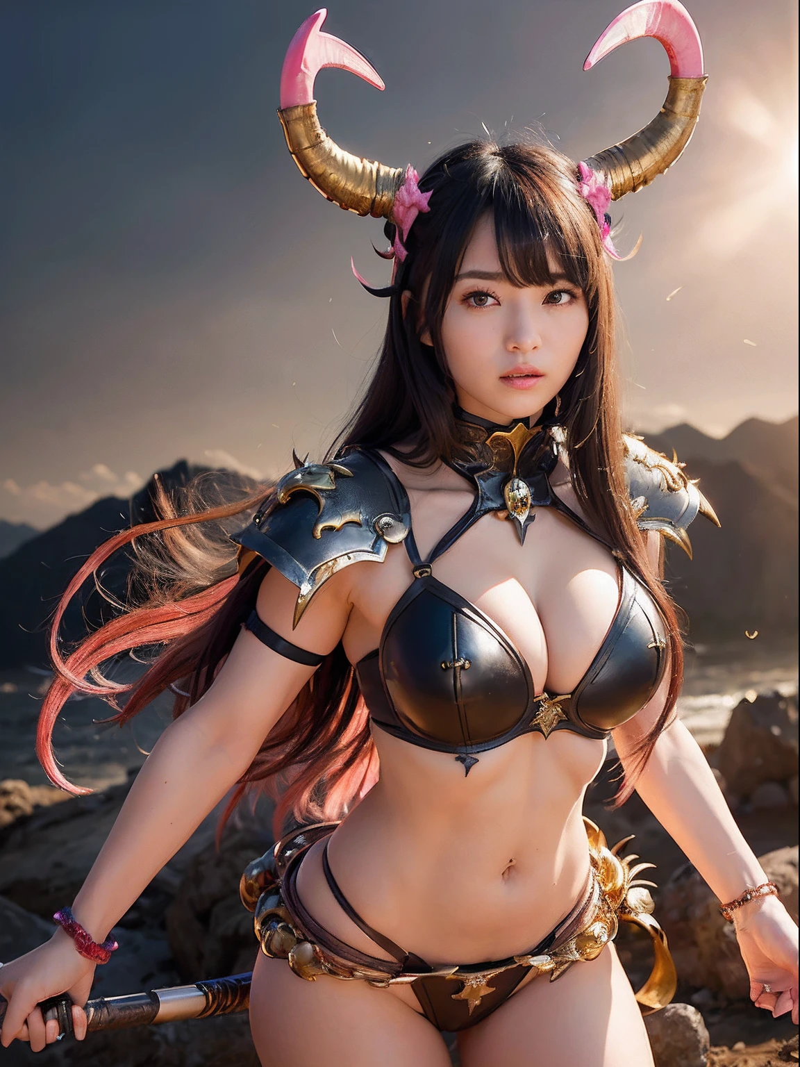 Professional , masterpiece、top-quality、photos realistic , depth of fields 、(A dark-haired) 、(Gemstone Pink Metal Body:1.4),(Matte Pink White、Jewel Gold Weapon、(maikurobikini),Gorgeous metal weapons ,Particles of light、(Fight dragons)、(Black wings)、(( Detailed and gorgeous sword of the brave)) ,Light Effects、intense fighting、Wind-effect、magic circles、 (A dark-haired) ,Fight legions of soldiers in skeleton armor 、With the legendary magic wand、Dragon's tail、explosions、((maikurobikini))、((Gangle's forest background))、Beautiful Caucasian beauty、1a person、dynamic ungle,(((Details of the two demon horns on the head)))、Smaller head、A smile、Background inside the castle、Thin and beautiful female hands、cleavage of the breast、Mystical expression、Light Effects、Wind-effect、(wingspan)、Toostock、Anatomically correct body、Battle Pose、
