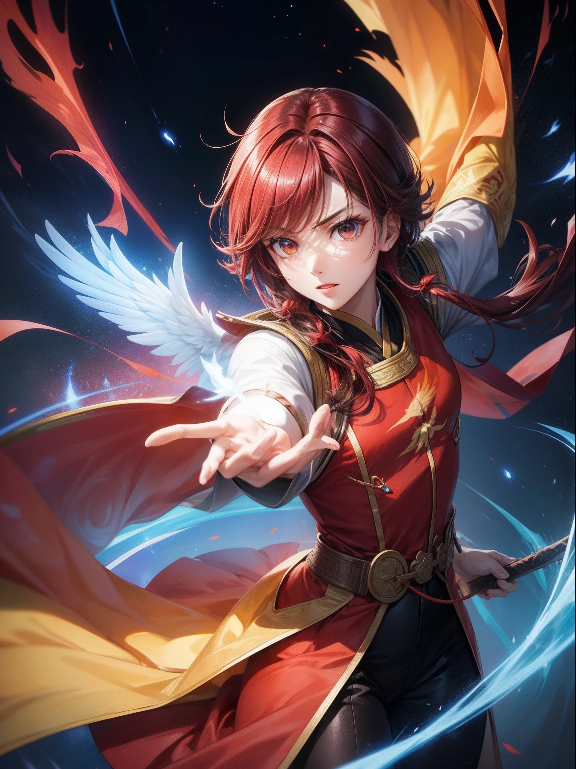 A pure-blooded Taikoo Phoenix,Soar above the nine heavens,Brilliant flames illuminate the sky。