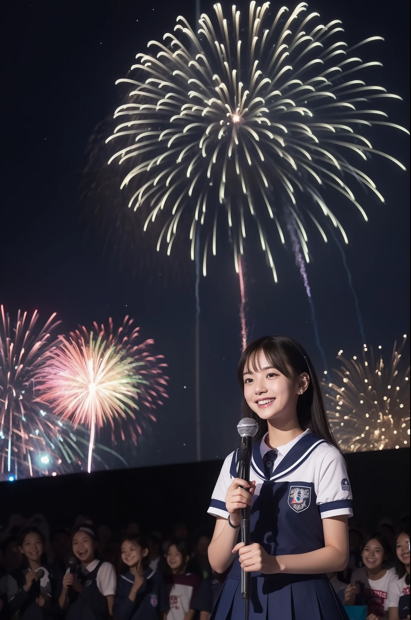 A smile、hi-school girl、校服、shortsleeves、While doing fireworks、starrysky、Aurora、Tiere、While holding the microphone