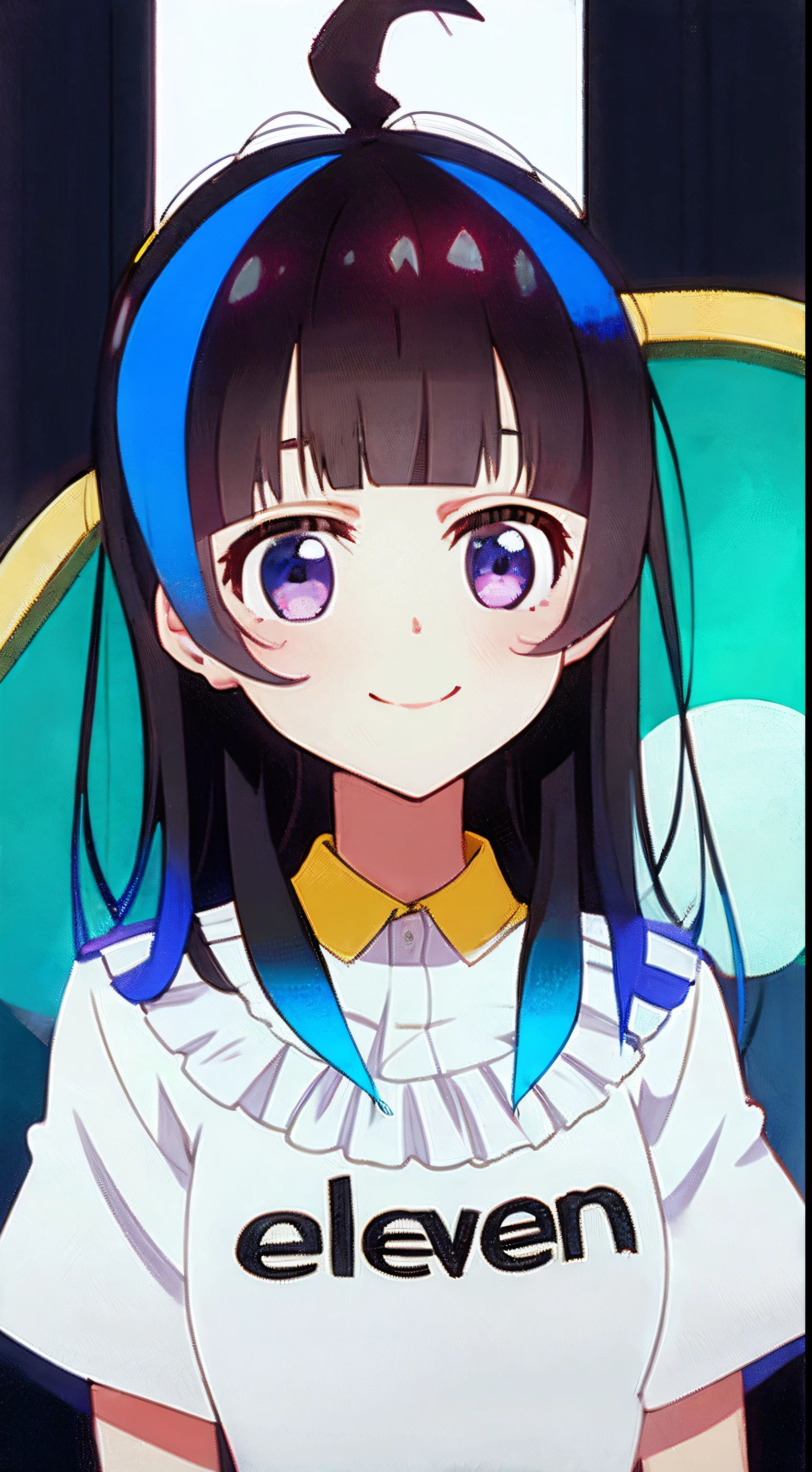 Minya Johnson, Mini Yaemori, Long hair, Bangs, Black hair, Blue hair, (Purple eyes:1.1), multicolored hair, Blunt bangs, striated hair, Ahoge,
BREAK  shirt, White shirt, Short sleeves,a smile