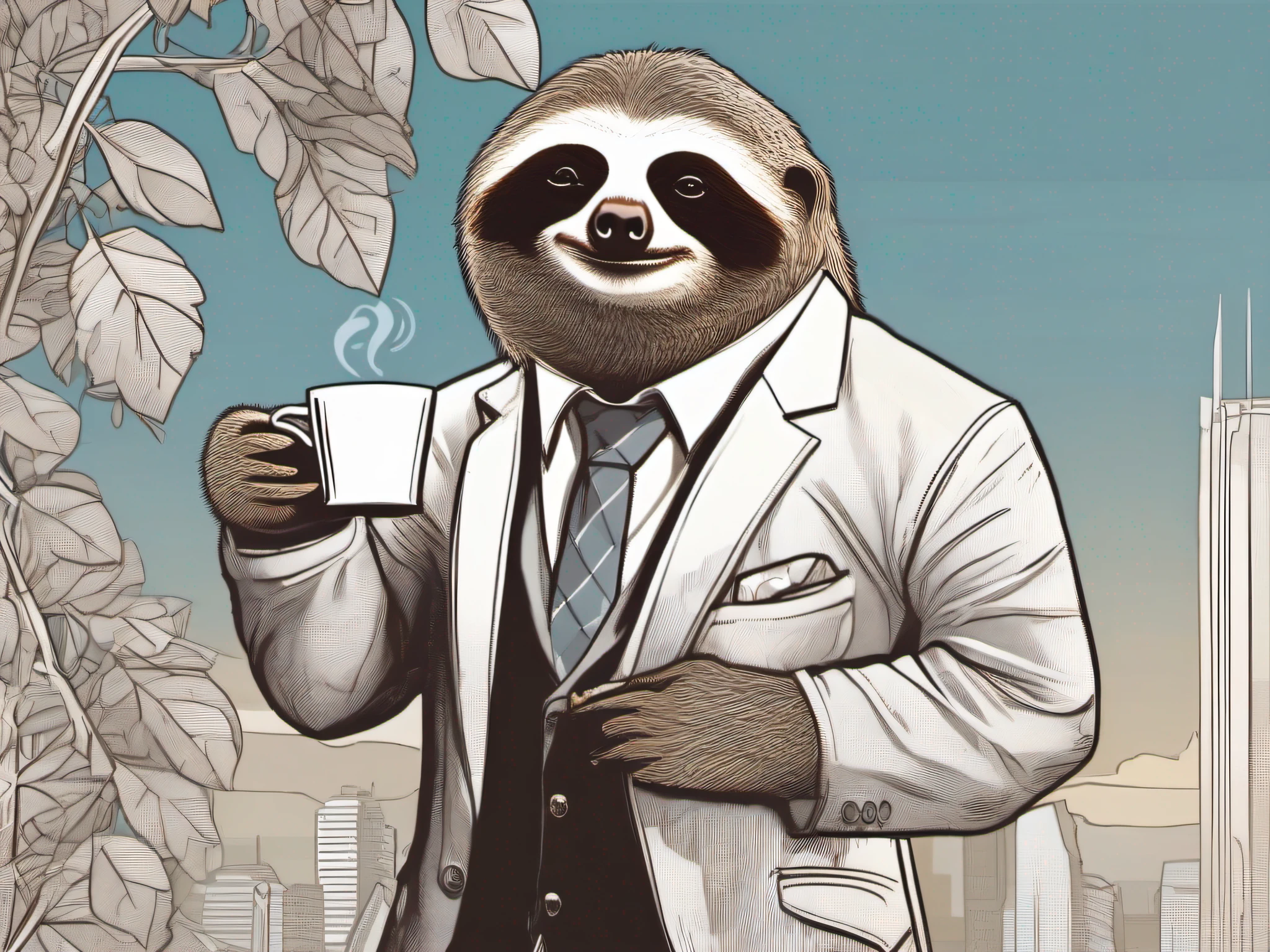 A dapper sloth dressed up in fashionable business attire hangs nonchalantly from a sturdy branch, sipping on a cup of steaming hot espresso. It is looking down at the bustling metropolis below while casually enjoying the fresh coffee. The early morning sun rays gently filter through the dense foliage around the sloth, casting warm golden light onto the scene.