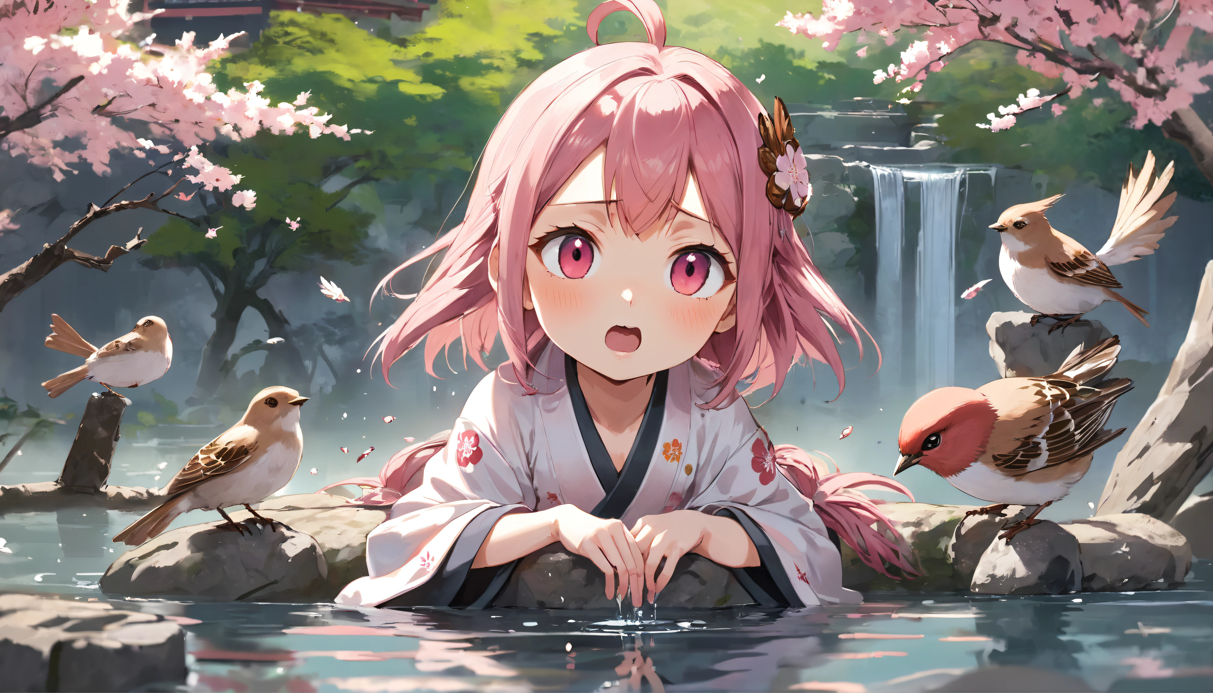 Japanese Female Shrine Goddess behind Japanese tori gate, Sunshine, sparrow chirping around, sitting on a stone at the center of water, one sparrow sitting on index finger, sparrow on girl head, pink cherry blossom leaves falling from the tree, pink eye pupils. pink hair, deer eating grass