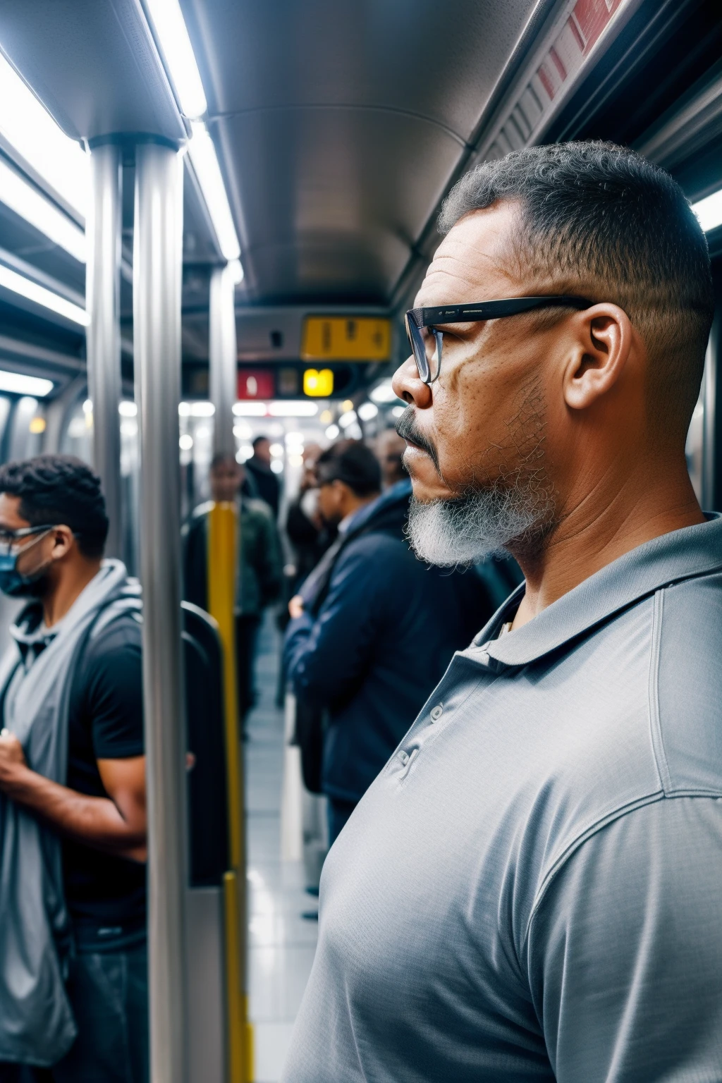 guttonerdvision14, Crie uma imagem excepcionalmente detalhada e hiper-realista de um homem, wearing glasses, vestido com uma camisa social formal e gravata. He's in the middle of the bustling crowd of a morning subway ride, capturing the essence of the daily life of a worker who depends on public transport. Pay meticulous attention to the precise details of the man's costume and the surrounding passengers. Use Octane rendering for realistic textures and lighting. The resolution should be an impressive 8K, ensuring extraordinary clarity and precision, retratando efetivamente as realidades dos deslocamentos urbanos.