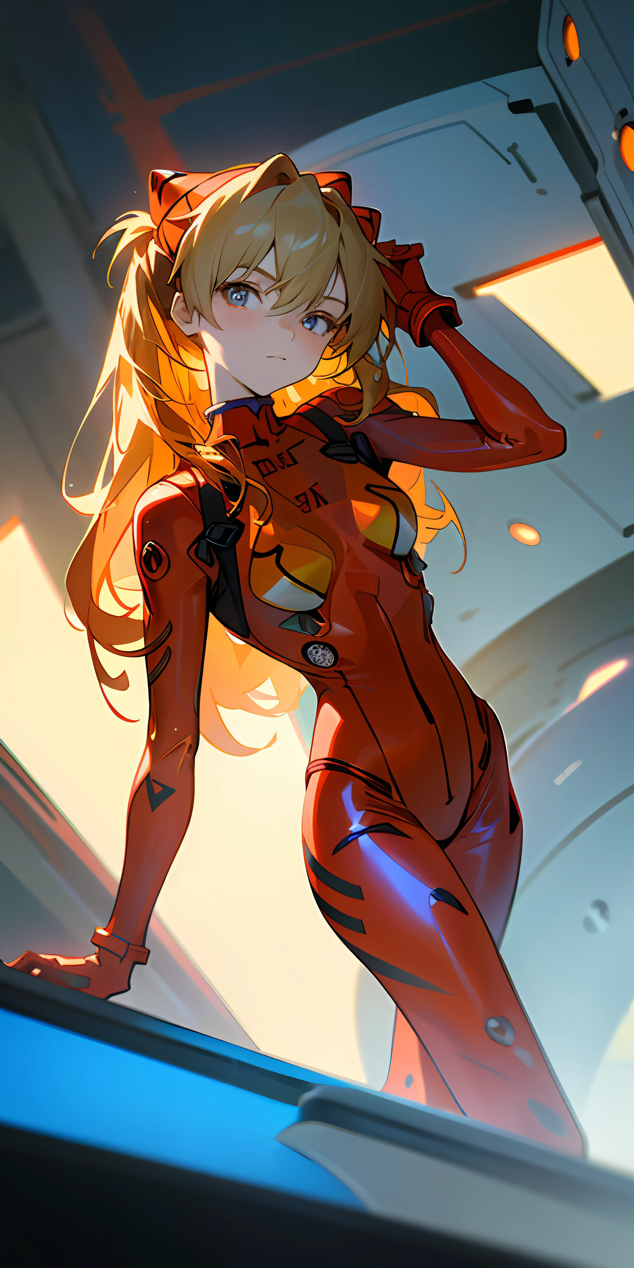 (Overhead view),dynamic angle,ultra-detailed, illustration, close-up, straight on, 1girl, 
 ((souryuu asuka langley, interface headset, red bodysuit:1.4, blonde)),Her eyes shone like dreamy stars,(glowing eyes:1.233),(beautiful and detailed eyes:1.1),(expressionless,closed mouth),(standing), 
(mechanic room with toolsand spaceship windowin a white SPACESHIP),
(night:1.2),dreamy, [[delicate fingers and hands:0.55]::0.85],(detail fingers),