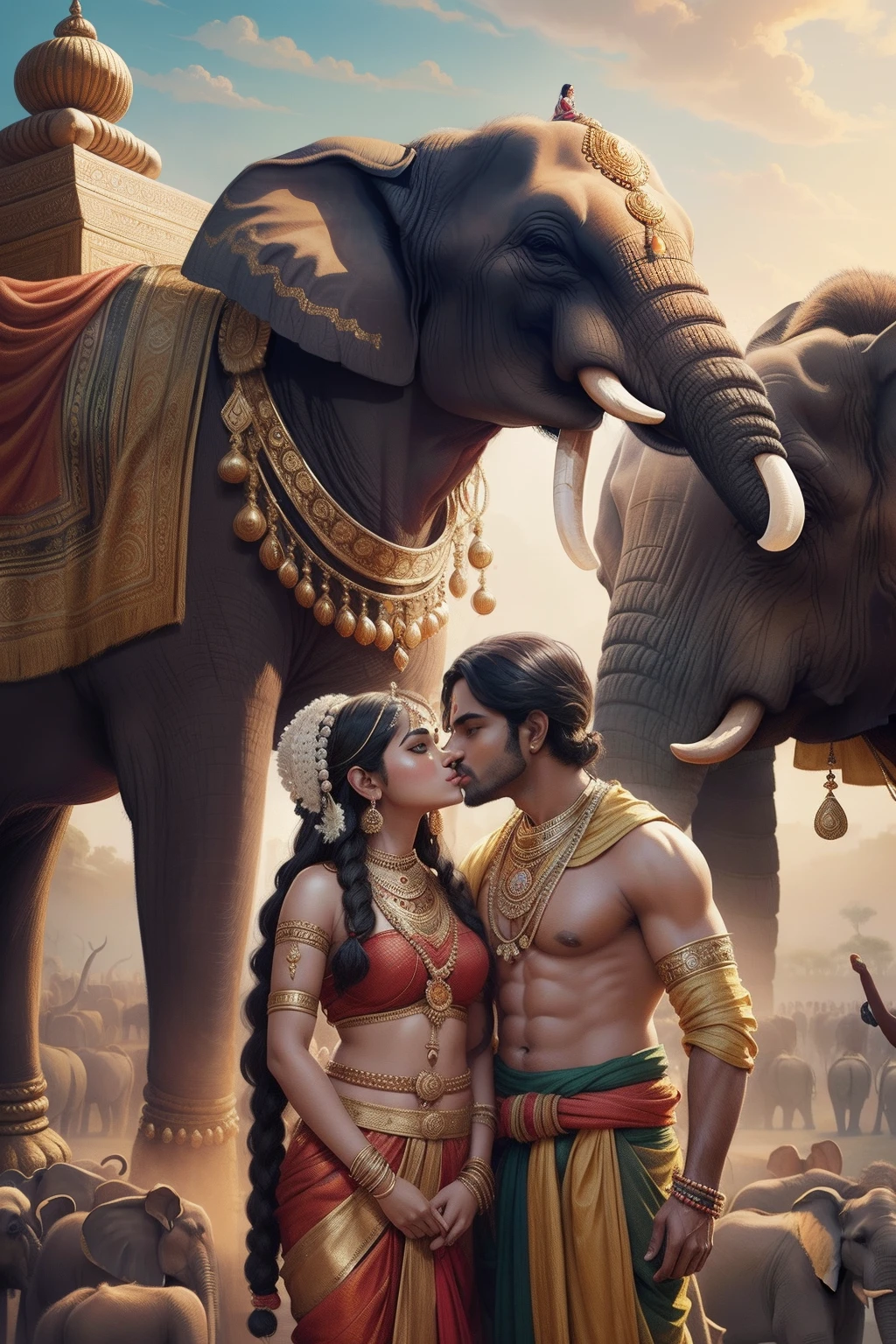 a painting of a couple of people in a crowd with elephants, from ramayan, hindu art, detailed fanart, official art, official fanart, fan art, by Jitish Kallat, accurate depiction, high quality fanart, hindu gods, kiss, highly detailed exquisite fanart, a beautiful artwork illustration, beautiful depiction, festivals, beautiful godrays, fanart