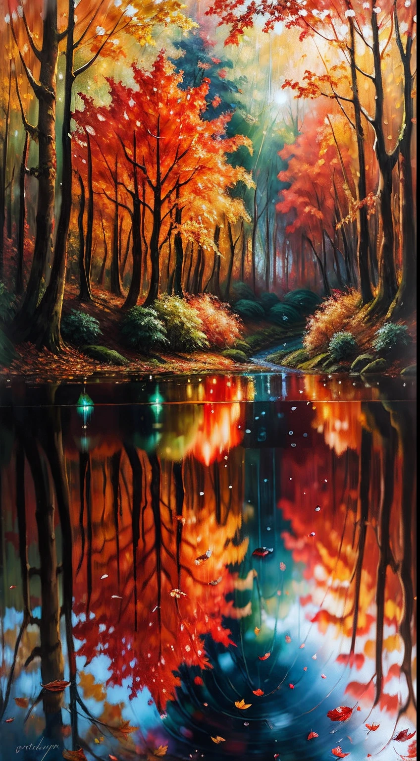 Image of leaves and raindrops, Autumn Forest, Romantic landscape style, Solar Impressionism, painting, Reflections in water, high-quality photo,