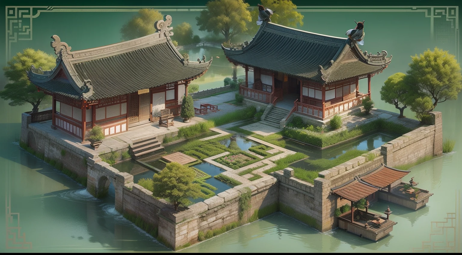 2D game art，tmasterpiece，The landscape，exquisitedetails，game footage，the trees, Beautiful rendering of the Tang Dynasty, Chinese style buildings, Temple background, Tang Dynasty Palace