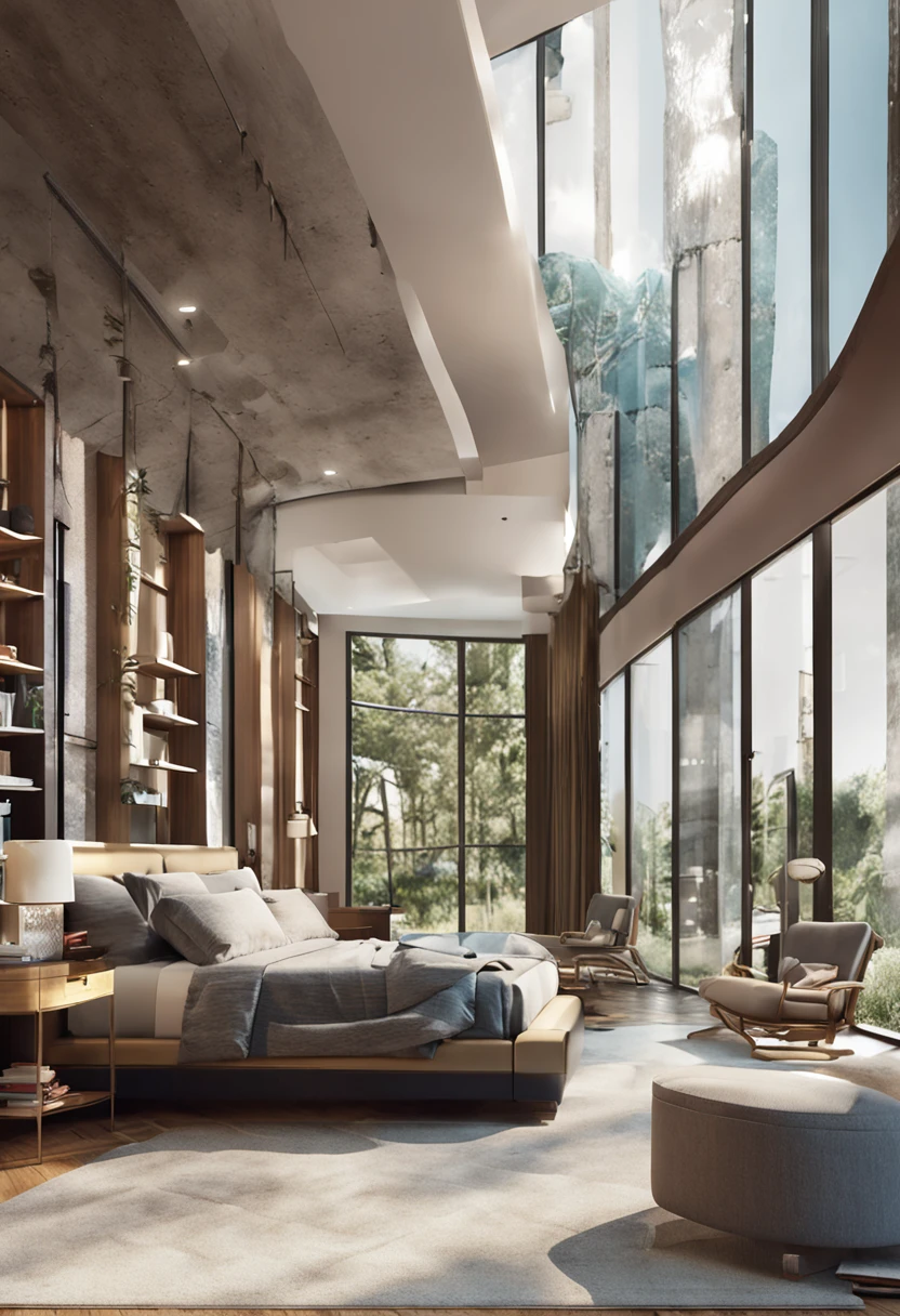 Interior design of a room with two floor-to-ceiling windows,Realism,Plain furniture,a 3D render