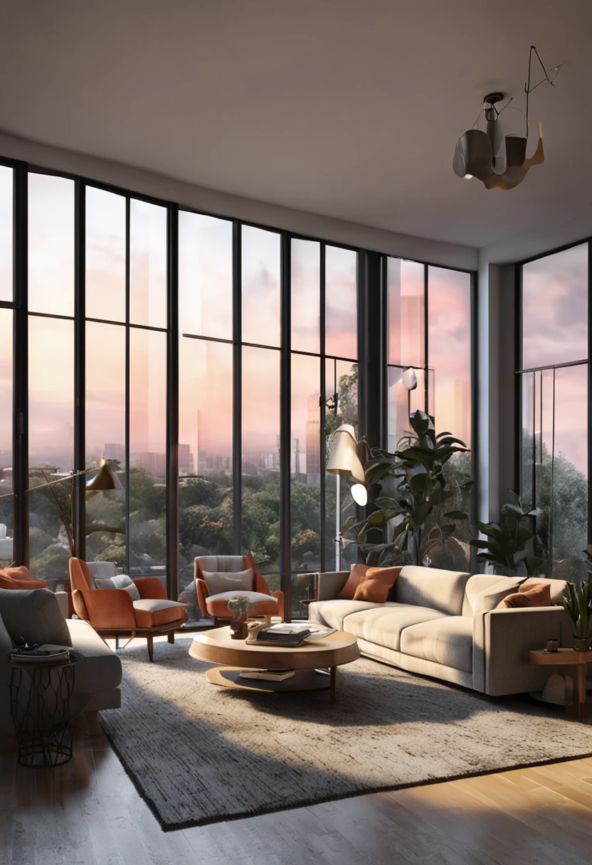 Interior design of a room with two floor-to-ceiling windows,Realism,Plain furniture,a 3D render