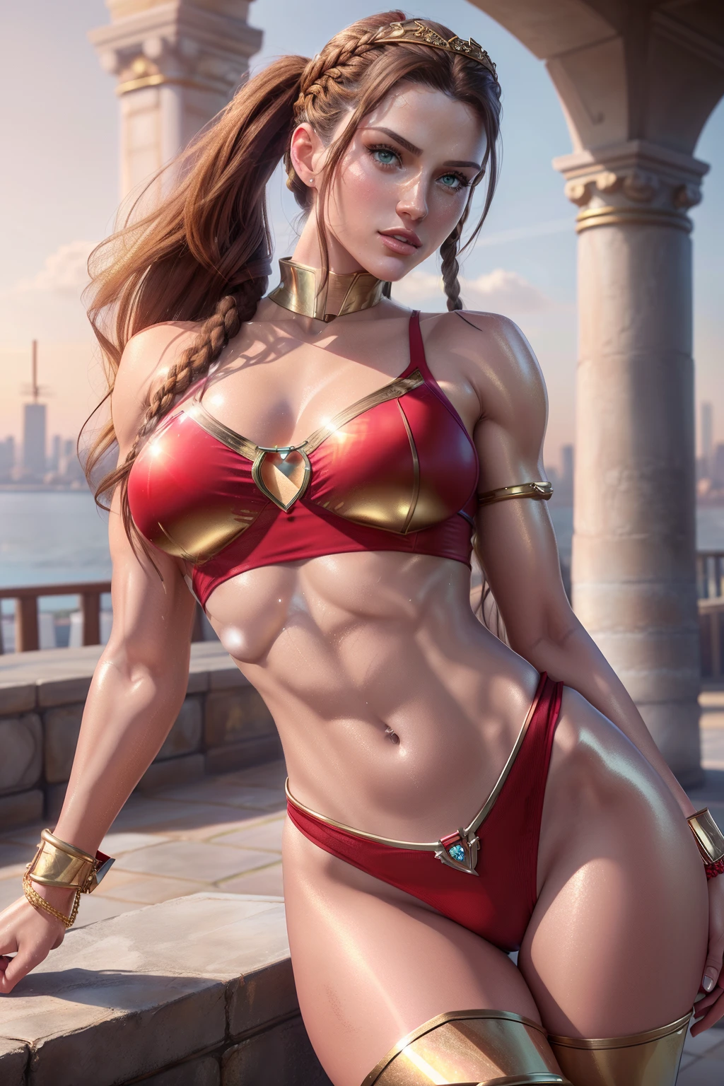 (Masterpiece, 4k resolution, ultra-realistic, very detailed) sexy beautiful alexandra daddario as a beautiful female superheroine , (green eyes) brown hair, long braided ponytail, red sleeveless crop shirt, with a golden Star, midriff wears (a golden tiara with a red gem on forehead) , golden bracelets, long red boots, and small red shorts full body in the style of realism, glistening skin, , natural lighting, Defined full lips. fitness feminine body. in the style of realism, glistening skin, , natural lighting, Defined full lips. Muscular fitness feminine body