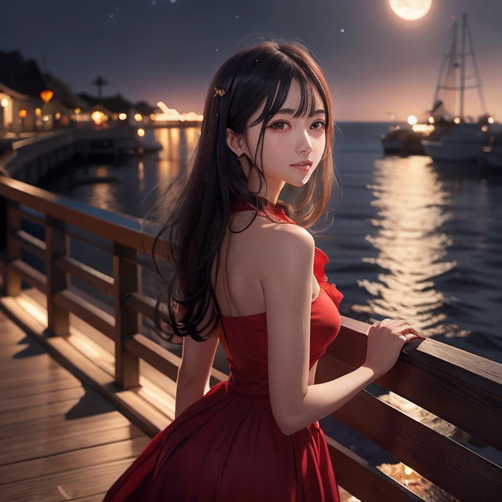 Alafed woman in red dress standing on the pier at night, beautiful Korean women, girl wears a red dress, Korean Girl, at night with moon light, Chinese girl, beautiful lonely girl, Beautiful Asian Girl, Trending on CGSTATION, Cute elegant pose, moonlit night dreamy atmosphere, In a red dress, beautiful anime woman, wearing red dress