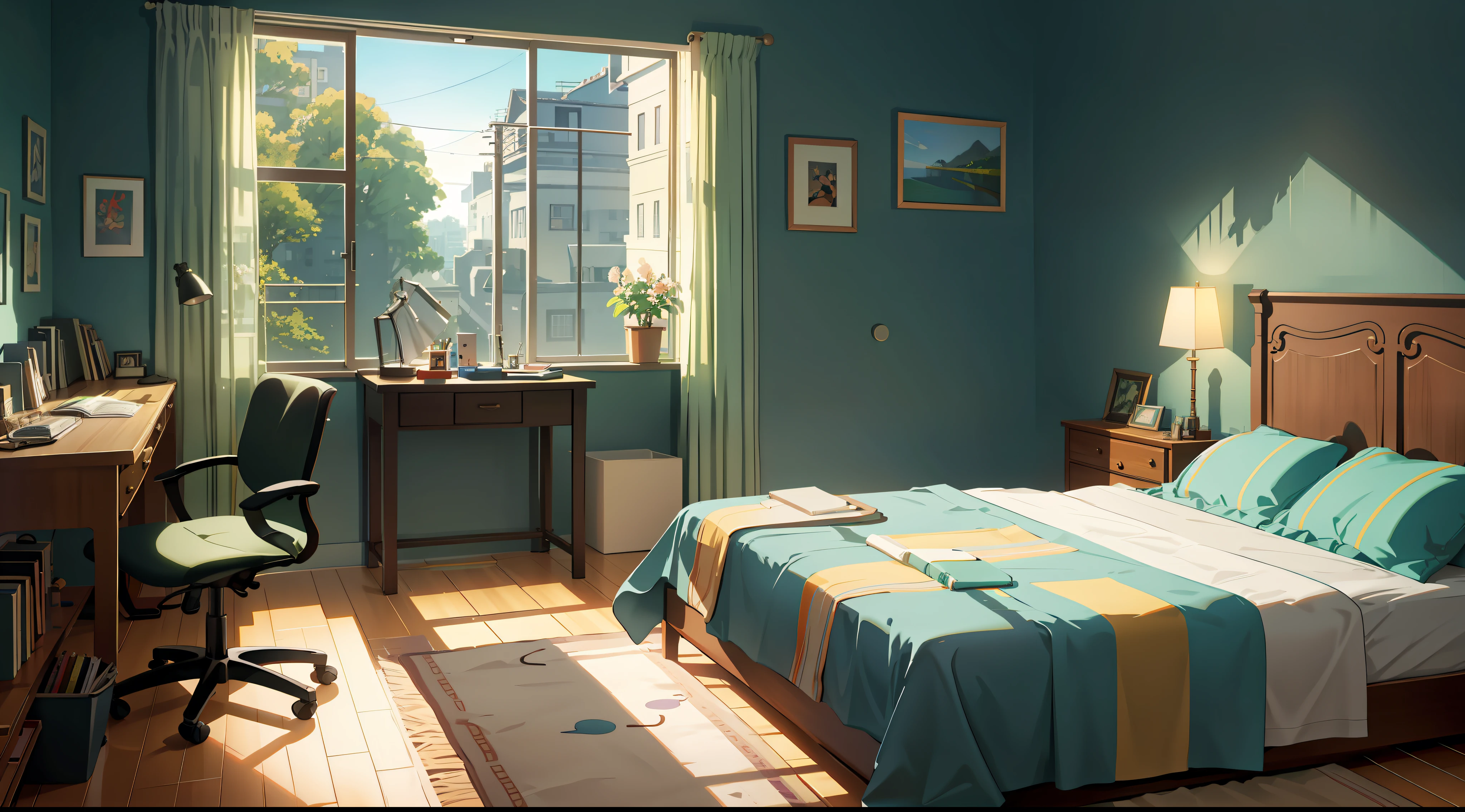 there is a room with a bed, desk, chair, and bookshelf, relaxing concept art, personal room background, anime background art, realistic afternoon lighting, anime scenery concept art, relaxing environment, interior background art, rpg maker style bedroom, a sunny bedroom, bedroom in studio ghibli, afternoon lighting, cozy environment, photorealistic room, cinematic morning light, studyng in bedroom