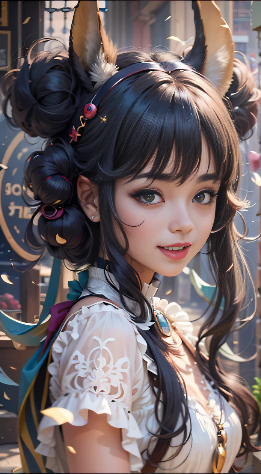 Black hair, hair bobbles, wince, long eyelasher, solid circle eyes, Fake animal ears, Light smile, Ear blush, Fang, nakeness, surrealism, shadowing, anaglyph, stereograms, angle of view, Atmospheric perspective, 8K, Super detail, ccurate, Best quality