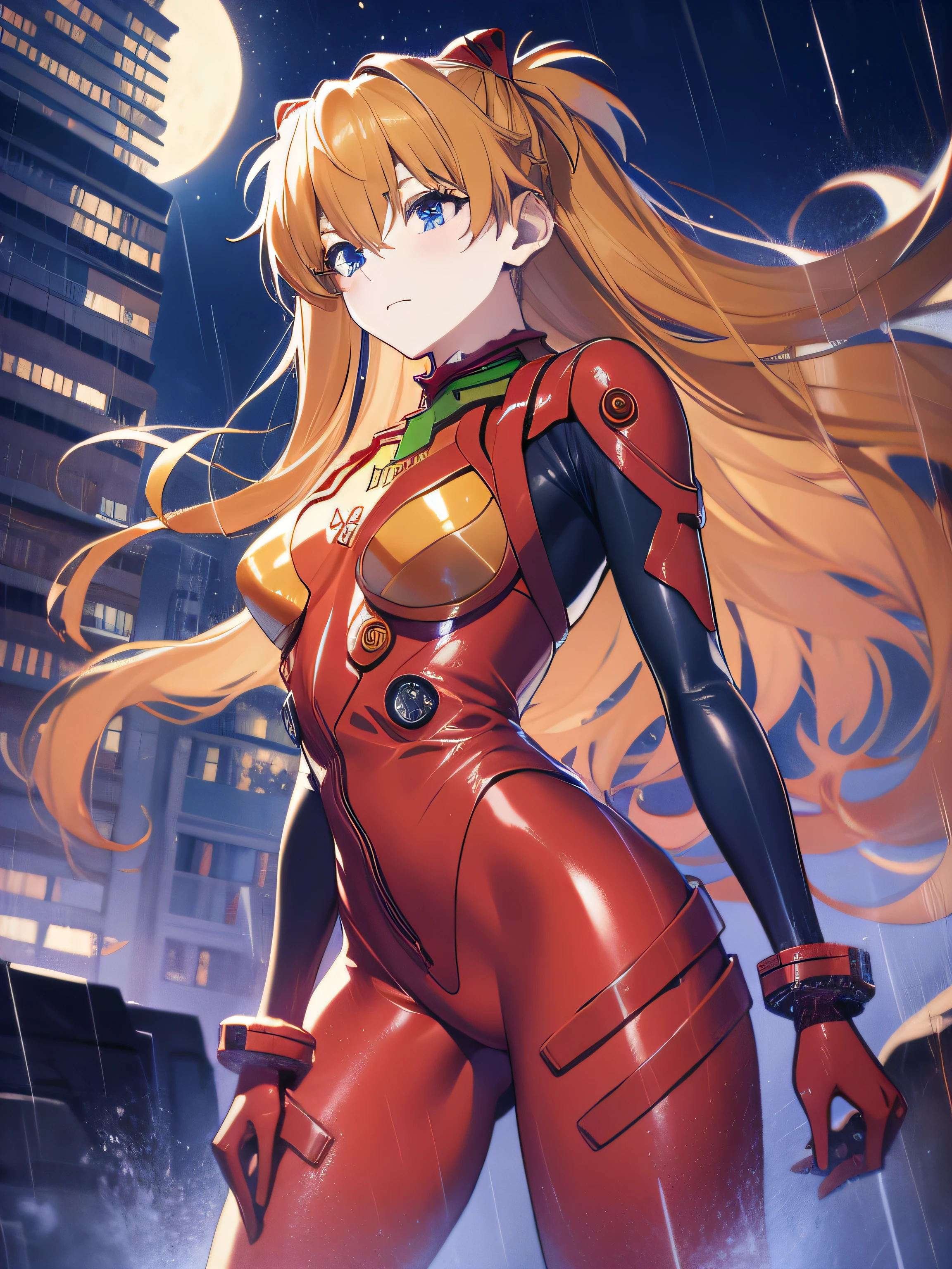 Asuka Langley ,masterpiece, best quality,,city,cyperpunk,night,rain,moon