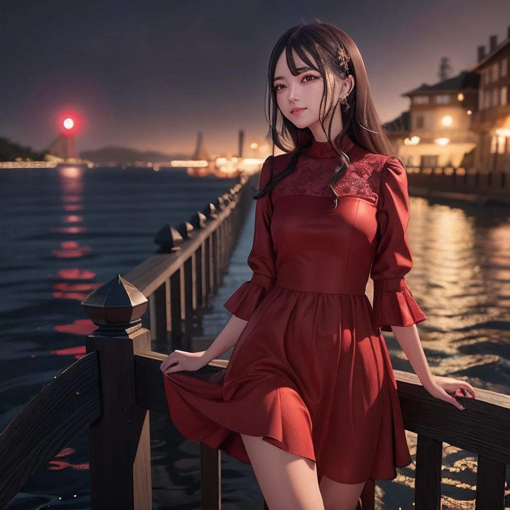 Alafed woman in red dress standing on waterside railing, Trending on CGSTATION, 3 d anime realistic, real life anime girl, li in dress, realistic anime 3 d style, Anime girl cosplay, red and cinematic lighting, sakimichan hdri, anime styled 3d, elegant cinematic pose