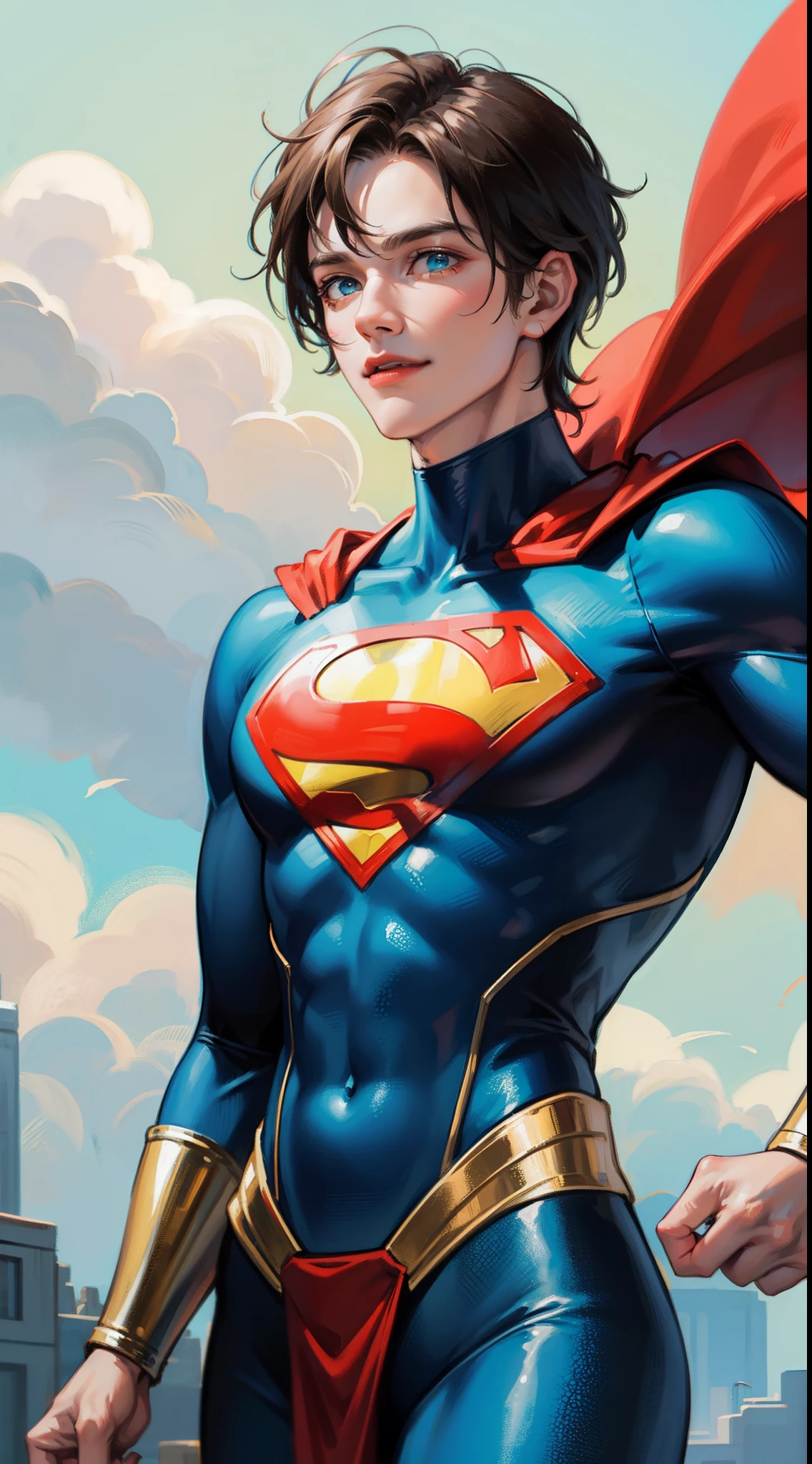 Young guy, short brown hair, Cyan eyes, brawn, Black Superman Costume, ssmile, Masterpiece, hiquality