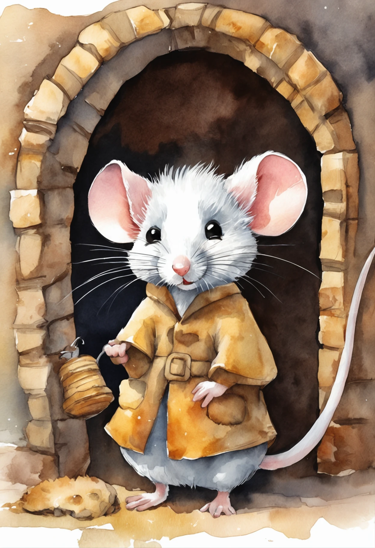 Small mouse，adolable，Shaggy，comic strip，White hair, cheese, Fairytale house, Detailed picture。