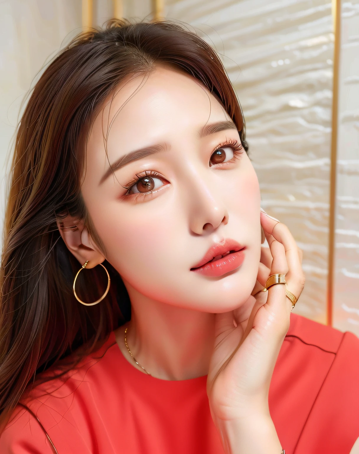Arafe woman with long hair wearing red shirt and gold hoop earrings, song hye - kyo, Choi Hong Hwa, beautiful Korean women, popular south korean makeup, 3 0 years old woman, 30 year old female, Gorgeous young Korean woman, female actress from korea, lee ji-eun, lee ji - eun, with round face