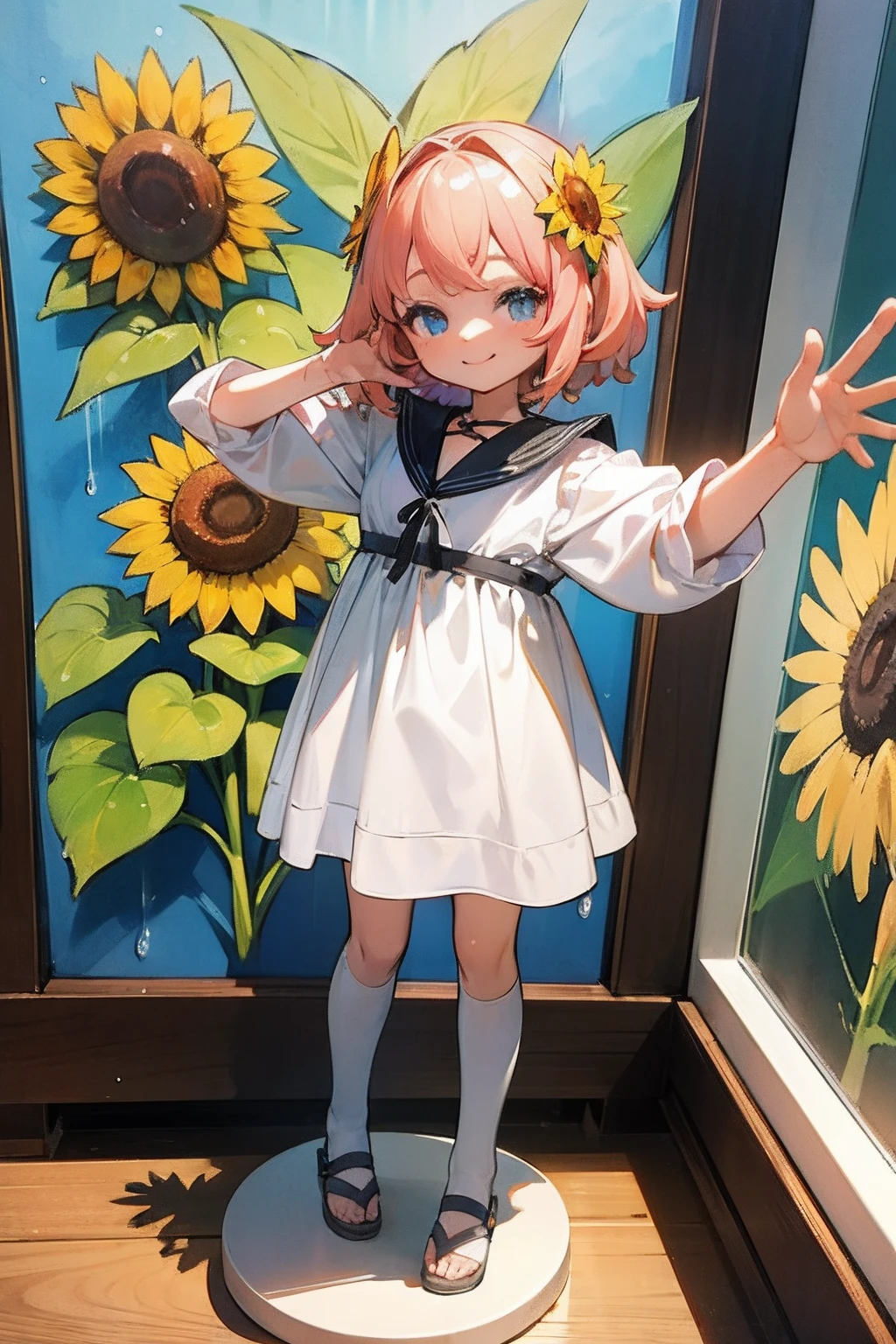 photoRealstic、 "Code Angel"、Doll standing in front of the painting、swim wears、laugh face、Water droplets on the cheeks、Selfie Pose、Sengai、pixiv、rokoko、dollfie dream、watercolor Nendoroid、(High Definition Figure)、flowing sakura-colored silk、nendroid、up of face、There are also flowers in front of the nendroids、Sunflower petals、season!!: 夏☀ 🍂 ヒマワリ