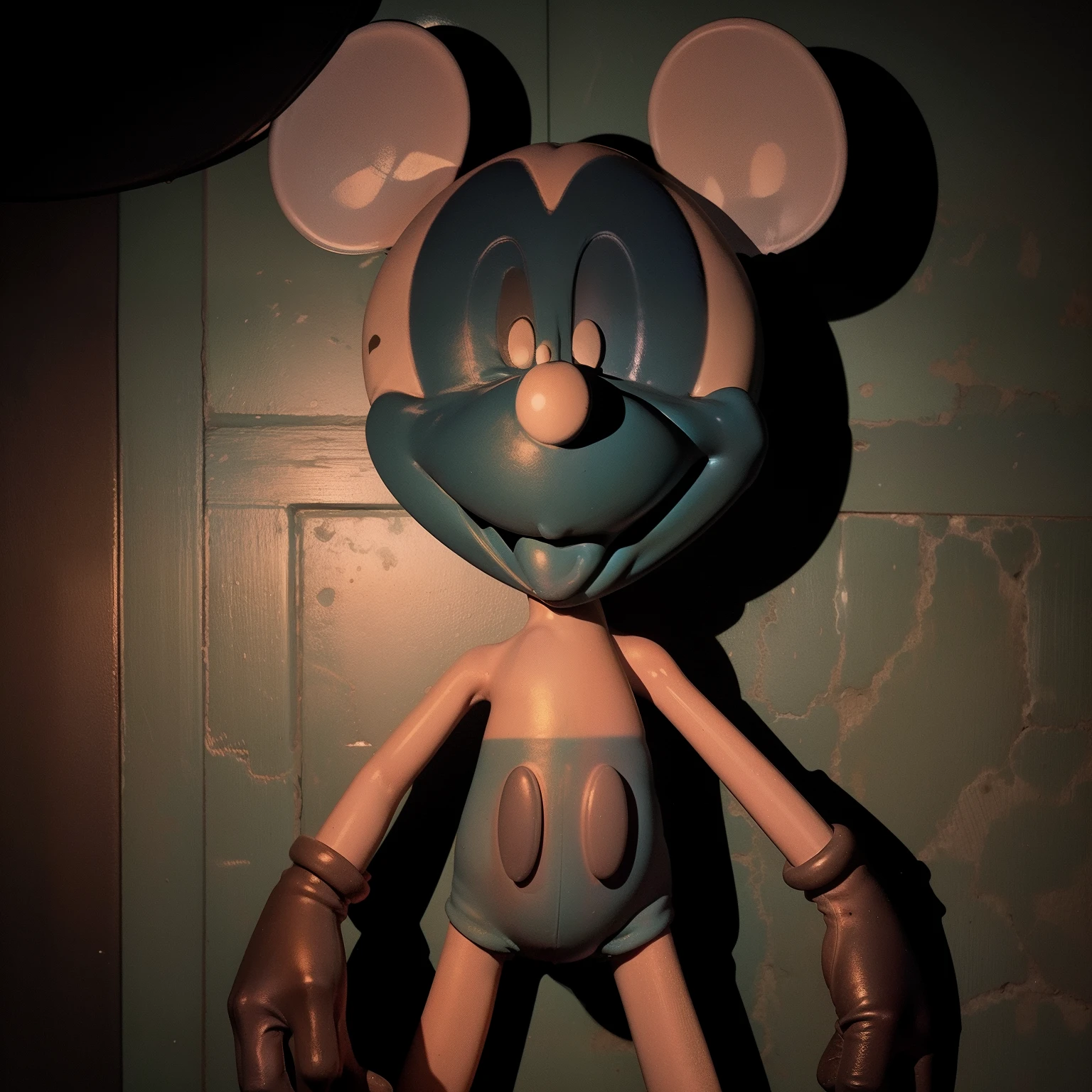 Mickey Mouse, black gloves, cyan tongue, black eyes with white pupils, open smile, staring at the viewer, disneyland mascot costume, in a dark room, waving at you