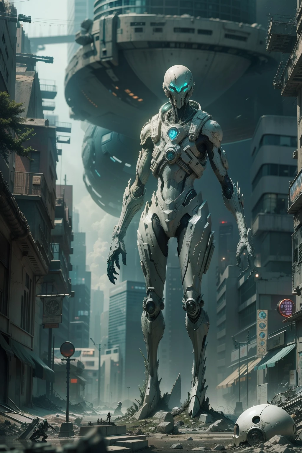 Technologically advanced and highly detailed aliens in a post-apocalyptic cityscape.Ghost statues of futuristic aliens from another dimension of the universe, destroyer