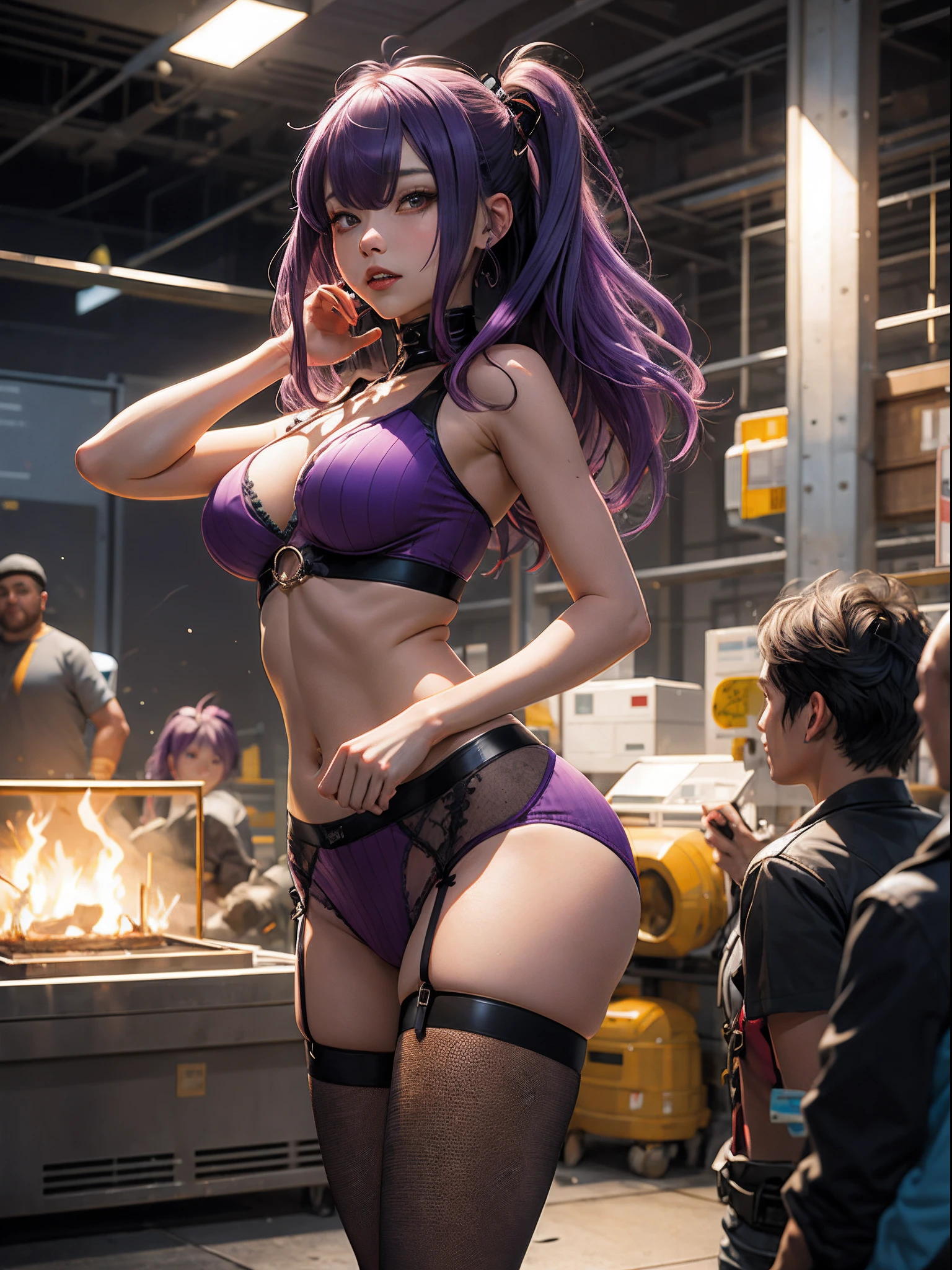 Diabolical,animesque,girl with,Purple hair,Yellow mesh,banya,undergarment,kawaii