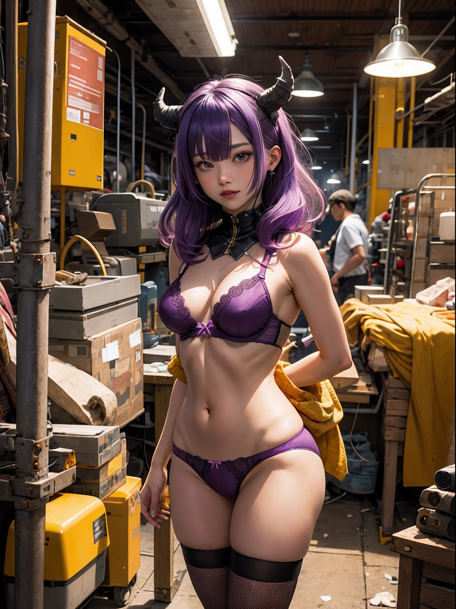 Diabolical,animesque,girl with,Purple hair,Yellow mesh,banya,undergarment,kawaii