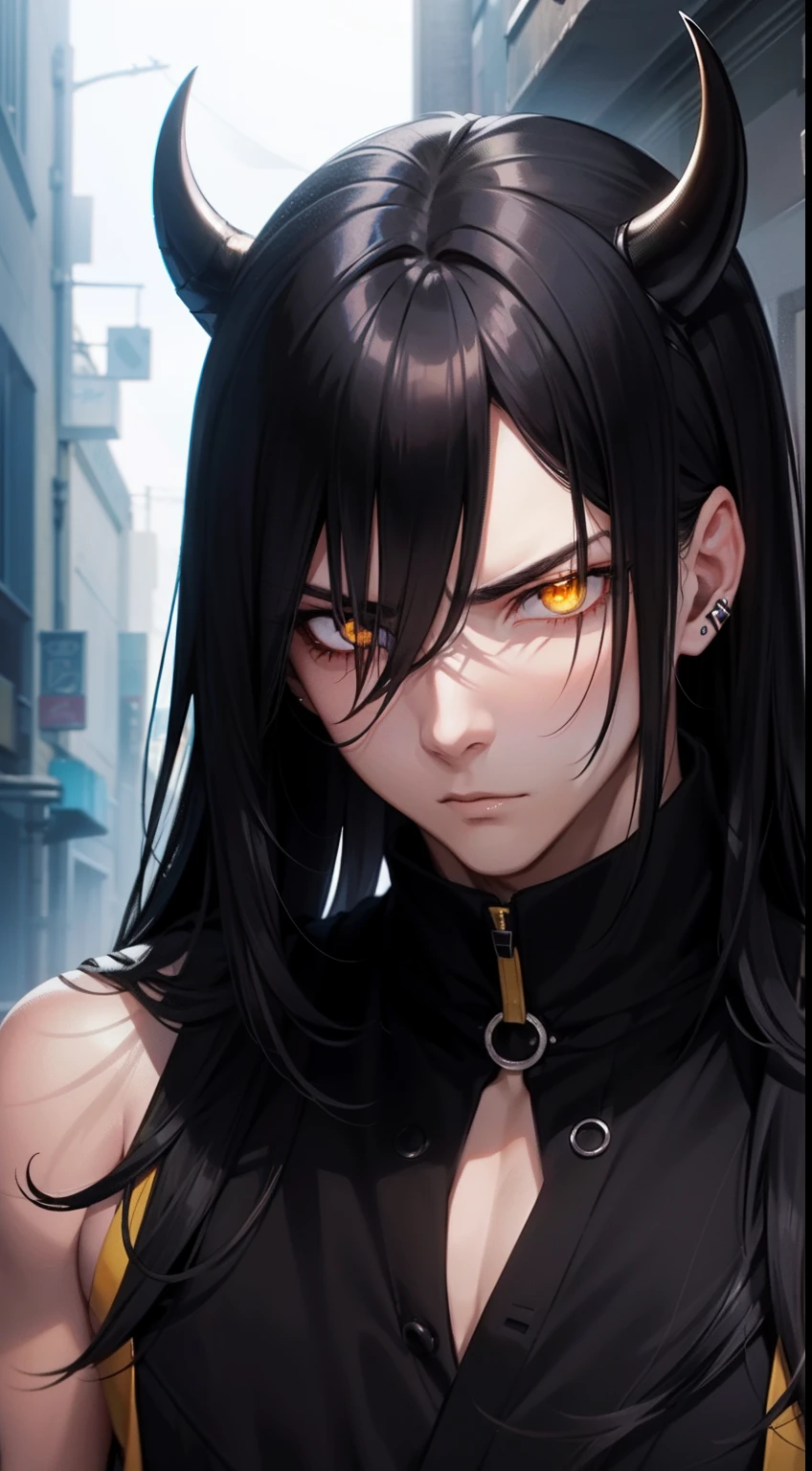 Highest details Young adult Male with pure black long hair, yellow eyes, wearing kinono, clean face, Magic glowing eyes, serious look, gang meber, muscular, sharp eyes, devil eyes