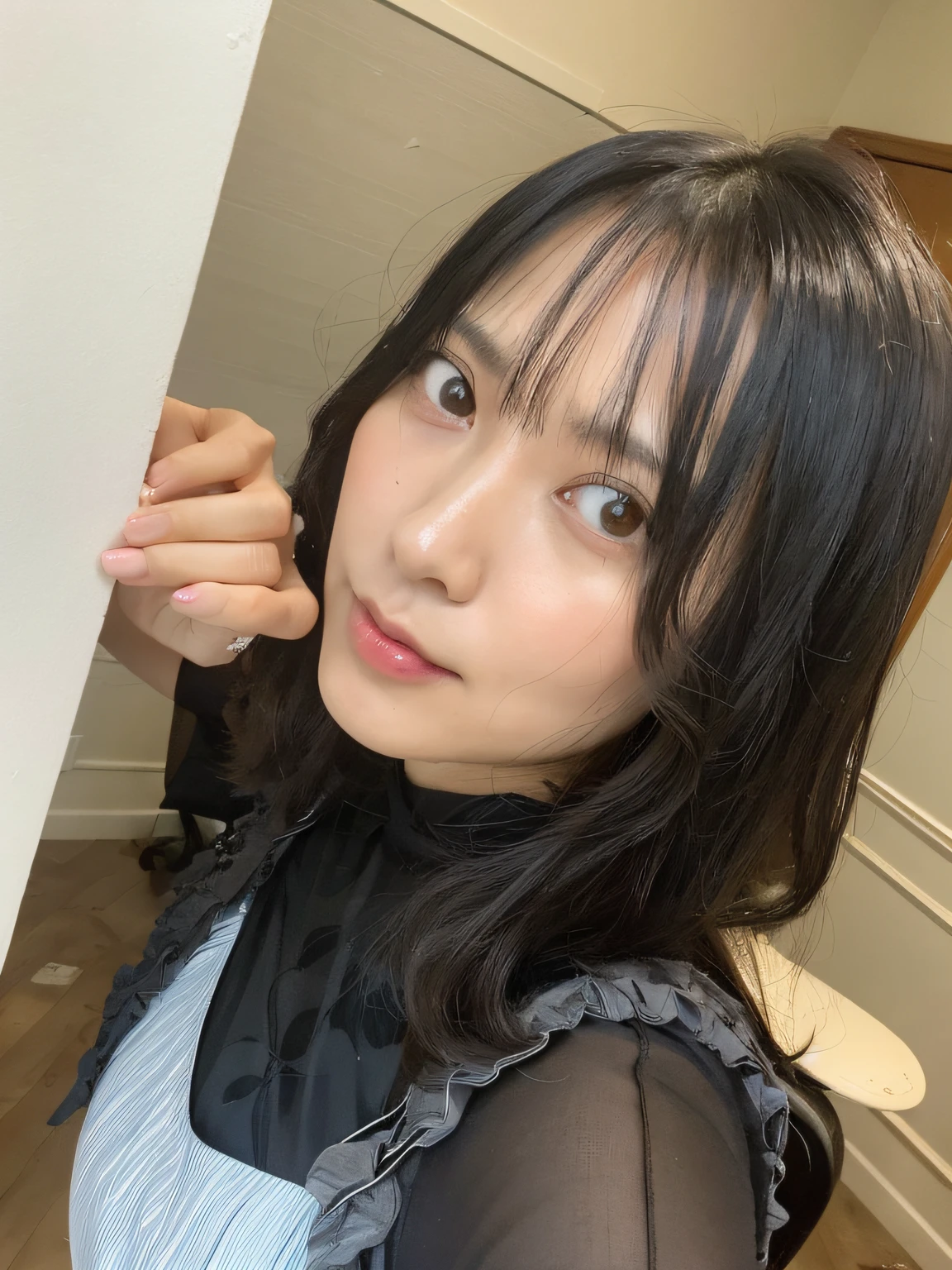 there is a woman that is posing for a picture in a room, chiho, harumi, sui ishida with black hair, Kimi Takemura, shikamimi, 🚿🗝📝, 奈良美智, Shiori Teshirogi, cute - fine - face, narumi kakinouchi