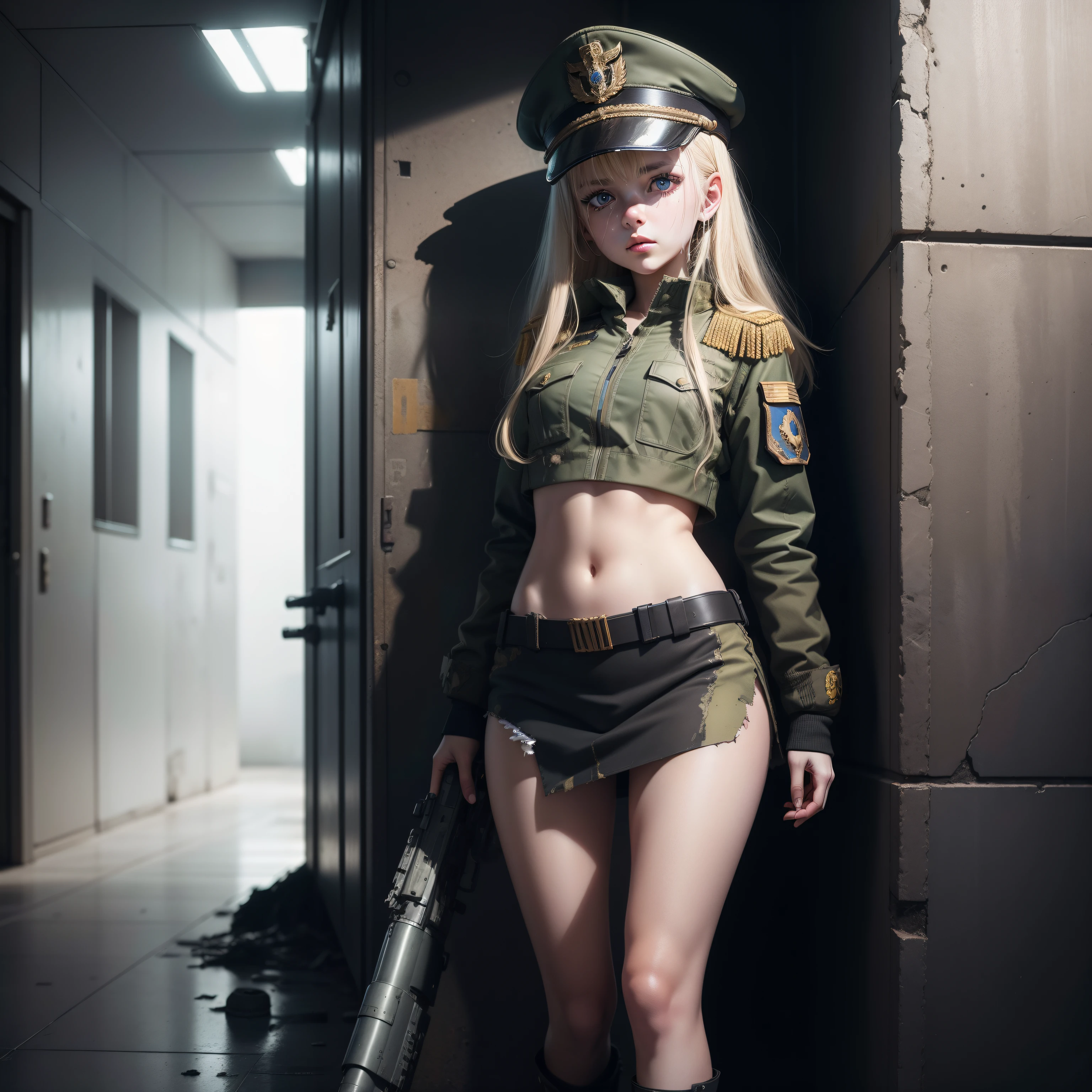 ukrainian girl , Ukrainian anime girls , , Ukraine ,  Full body composition of young girl with messy bright blonde hair, eye make up, 13 year old,  Soft lighting, Solo, Old torn dirty shabby futuristic military uniform, badges, Pose, Blotch color, Octane Render, Hyperrealistic intricate detail, Cinematic, 8K resolution, 70mm, Accent Lighting, Global Illumination, Full body portrait, clean detailed faces, intricate clothing, Cute face, flat chest, Slim waist, Slim legs, small hips,Wearing a military hat,