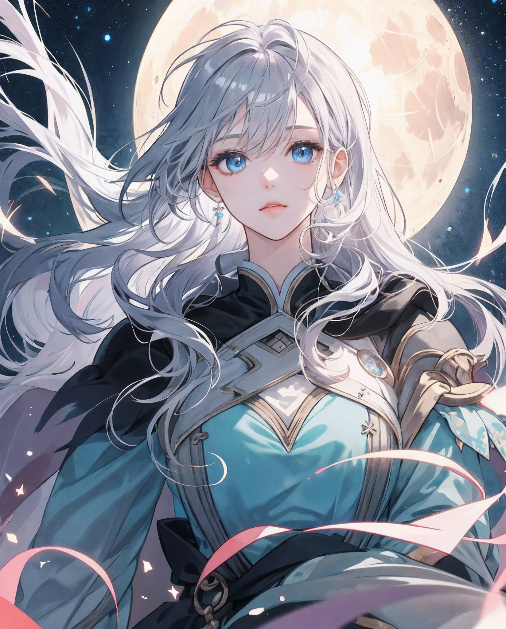 1girll, Solo, Super fine illustration, An extremely delicate and beautiful, Best quality, Silver hair, Blue eyes, Cute, Lovely, elegant, moon surface, Moonlight, Dazzling, Shining, Radiant, Sparkling, magical, Dreamy, Enchanting, Ethereal, mistic, Otherworldly, Celestial, Futuristic.