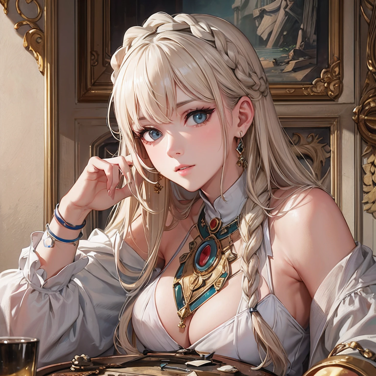 ​masterpiece、top-quality、hight resolution、High-quality images、8K、１maidennurse、detaileds、the detail、Detailed eye depiction、skin gloss、shinny hair、platinum-blonde、Long braided hair、Soft hair、anastasia、portlate、ruins、Excavated items、Archeologist、Ancient characters、