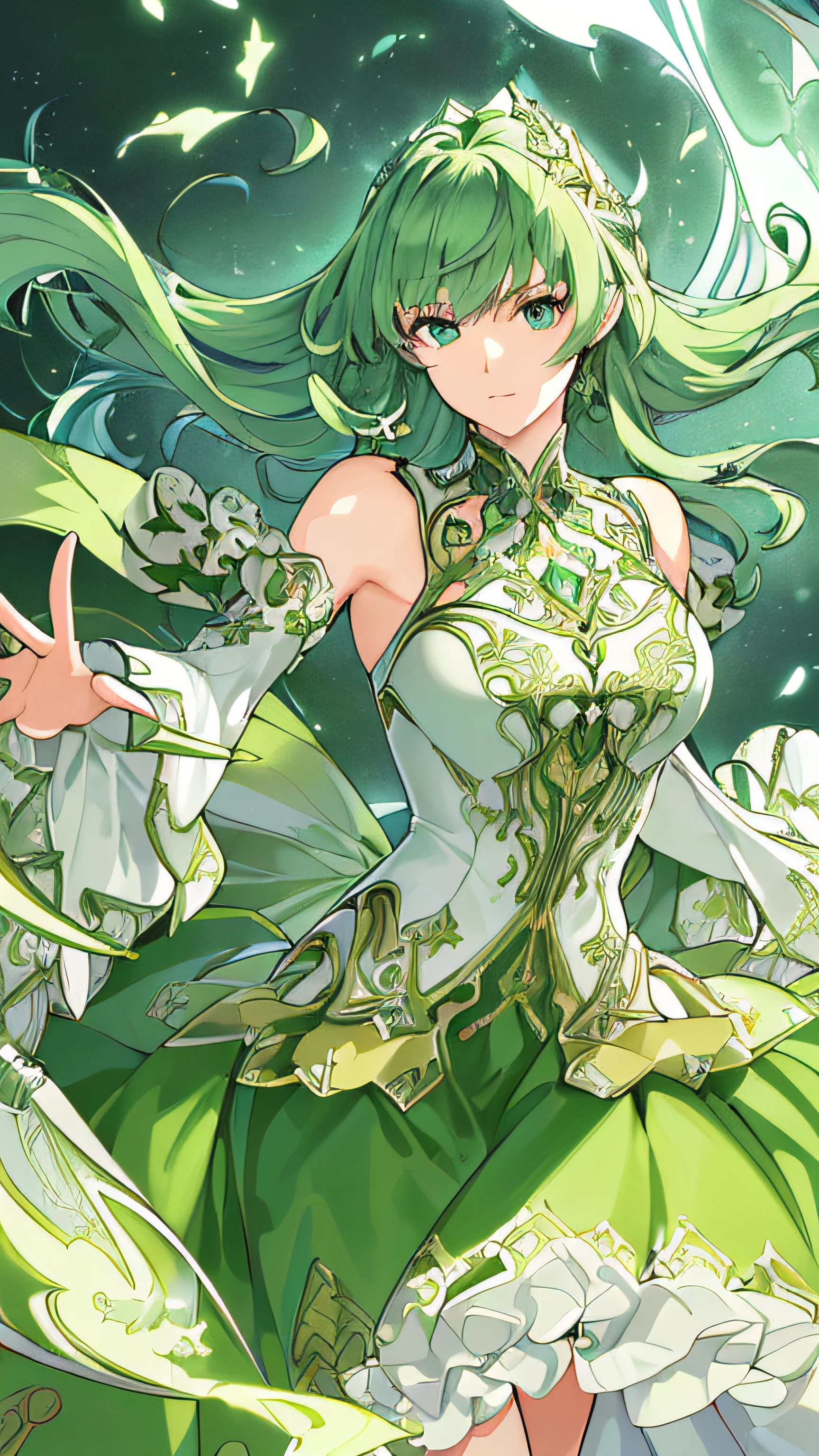 (((Masterpiece))),(((best qualtiy))),((Ultra-detailed)),(illustration),((anextremelydelicateandbeautiful)),dynamic angle,Floating,(beatiful detailed eyes),(detailedlight) (1girll), Solo, Floating_Hair,glowing light eyes,Green hair,green-eyed, double tails, halterdress, atdan, Green background,