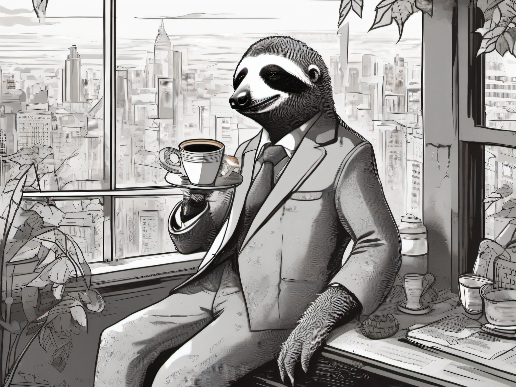 A dapper sloth dressed up in fashionable business attire hangs nonchalantly from a sturdy branch, sipping on a cup of steaming hot espresso. It is looking down at the bustling metropolis below while casually enjoying the fresh coffee. The early morning sun rays gently filter through the dense foliage around the sloth, casting warm golden light onto the scene.