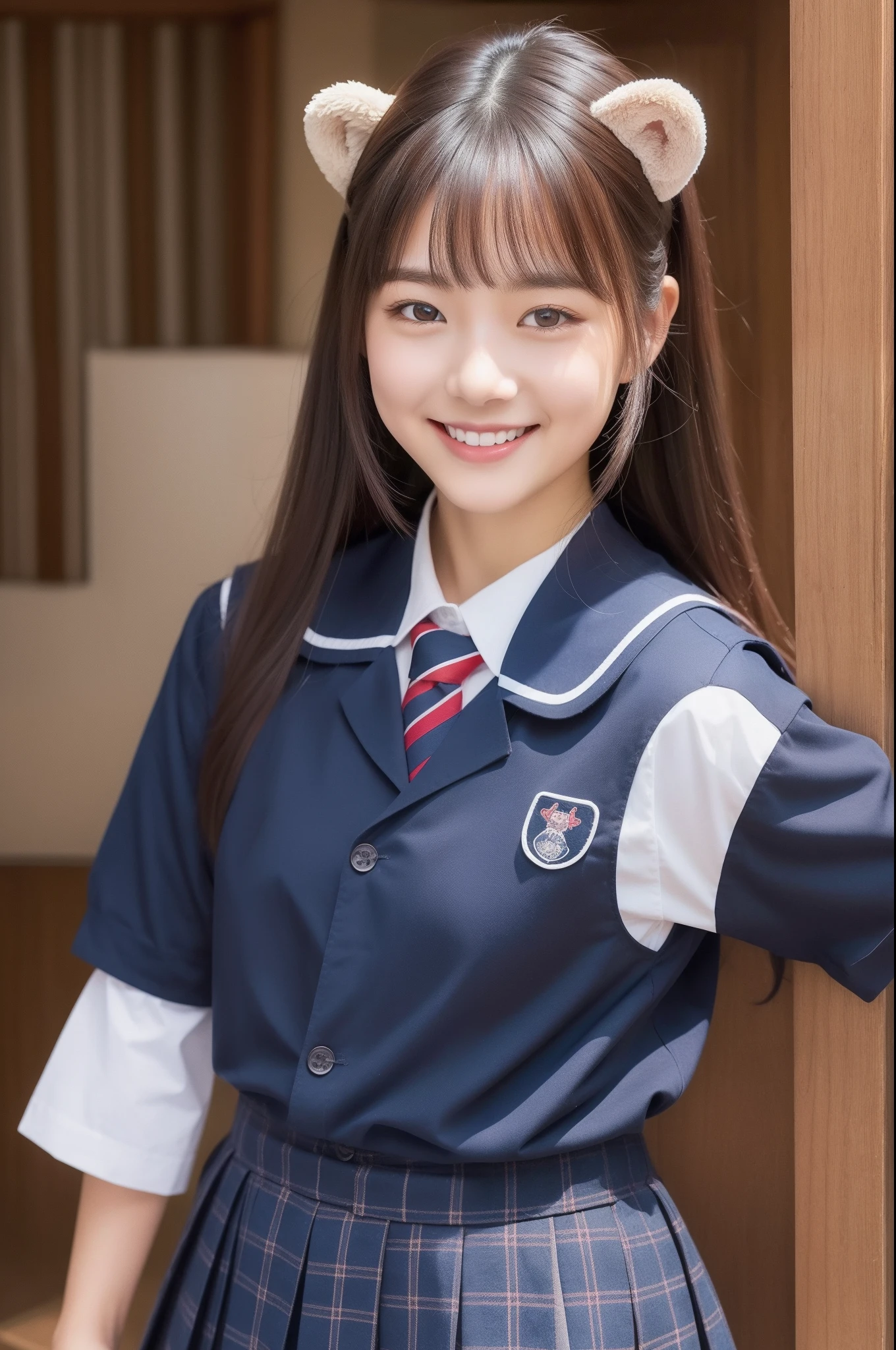 ((highest quality、8k、masterpiece:1.3)),((((cowboy shot)))),Ultra-high resolution,big eyes,Japanese,bangs,(a girl),(1 girl),((20 years old)),((facing at viewer)),(long hair),(((black sailor uniform))),grin,((sitting on chair)),(pleated mini skirt),(((pussy))),((pubic hair)),((skirt lift)),((short crew socks))