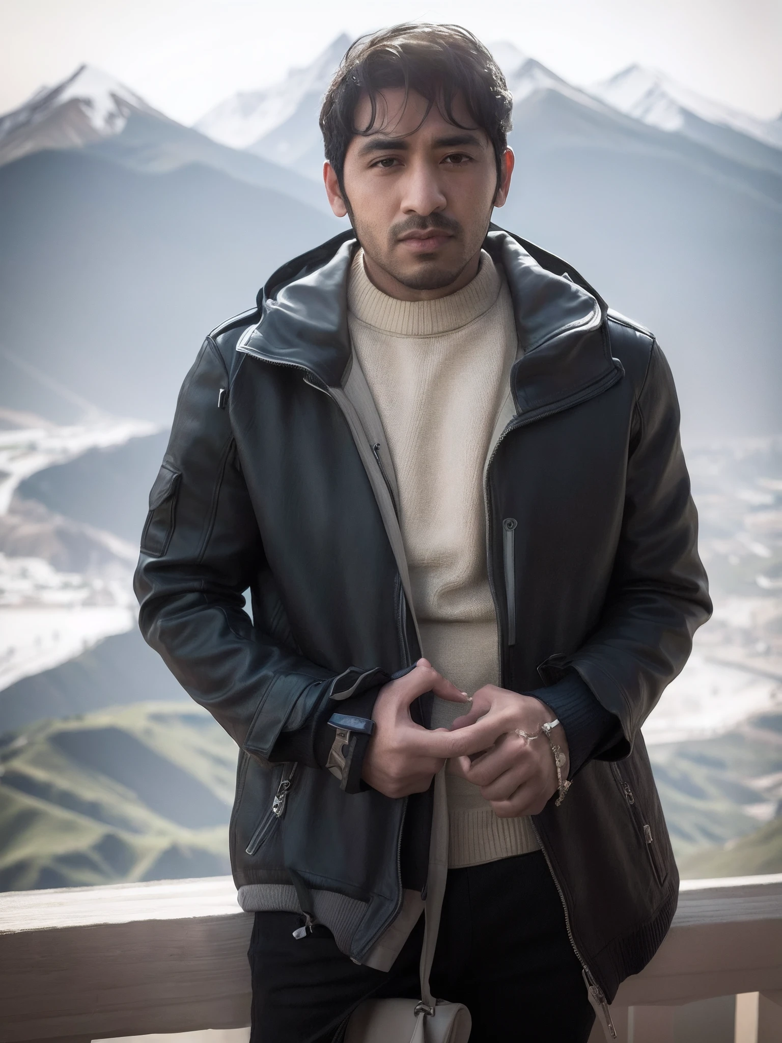 arafed man in a black jacket and white sweater standing on a ledge, with mountains in the background, with mountains in background, only snow i the background, khyzyl saleem, sayem reza, enes dirig, moutain in background, with mountains as background, very very low quality picture, shot on nikon z9