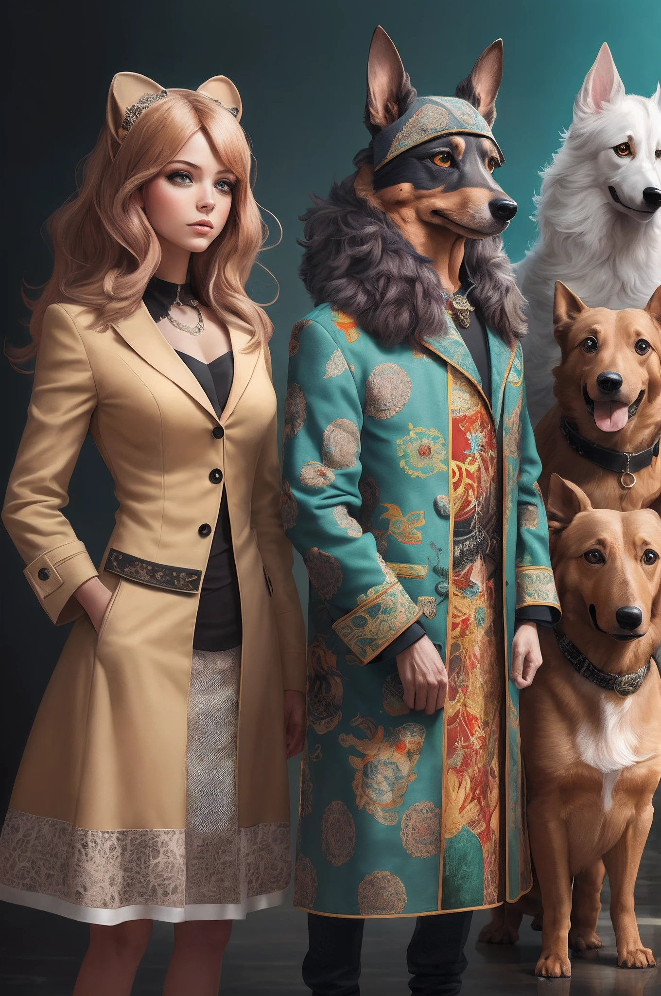 a 70s photo shoot for a really cool 70s record cover, all the band are upright biped anthropomorphic 'dacshunds', all big hairy creatures with dachshund heads, all wearing cool 70s colours and patterned 3 piece suits, award winning photography, super high resolution, hyper detailed, wide shot, depth of field, no text, style:Digital Fantasy Art --auto --s2