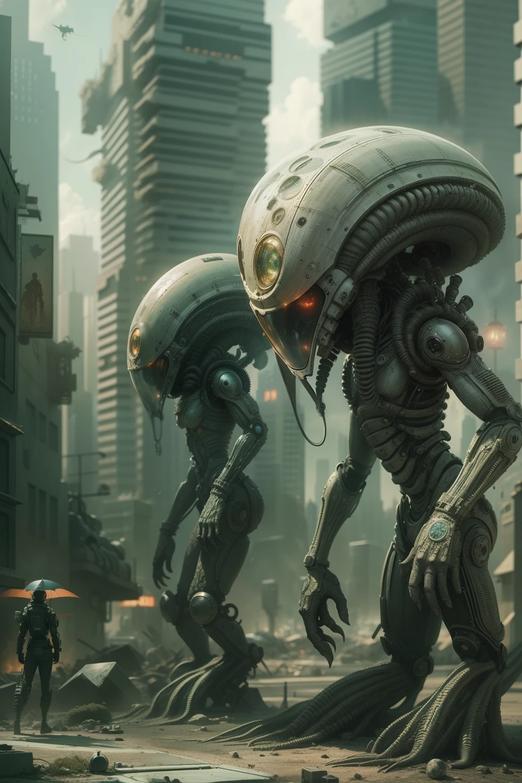 Technologically advanced and highly detailed aliens in a post-apocalyptic cityscape.
