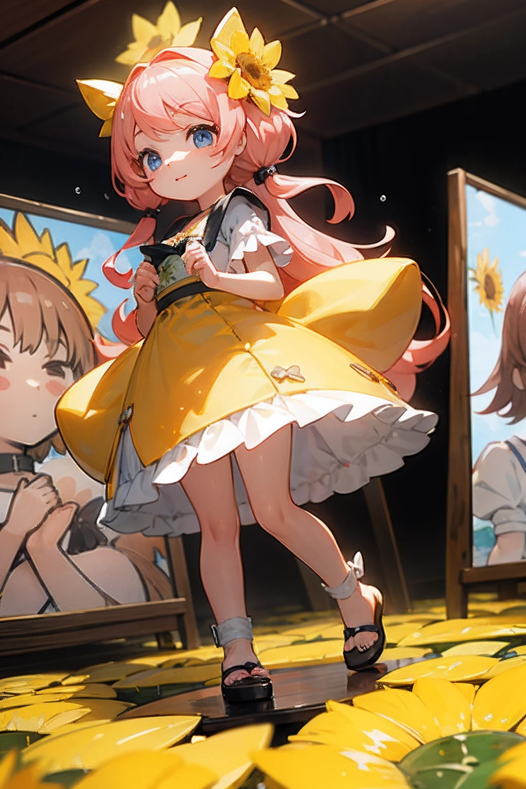 photoRealstic、Doll standing in front of the painting、swim wears、laugh face、Water droplets on the cheeks、Pose with a cuddle、Sengai、pixiv、rokoko、dollfie dream、watercolor Nendoroid、(High Definition Figure)、flowing sakura-colored silk、nendroid、up of face、There are also flowers in front of the nendroids、Sunflower petals、season!!: 夏☀ 🍂 ヒマワリ