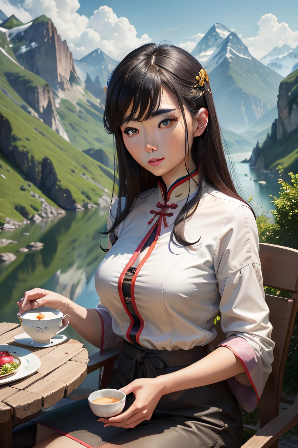A woman with Chinese charm,Body Peugeot,plumw,Tea in the mountains,Side close-up,Mountains and rivers in the background,Realistic and realistic,