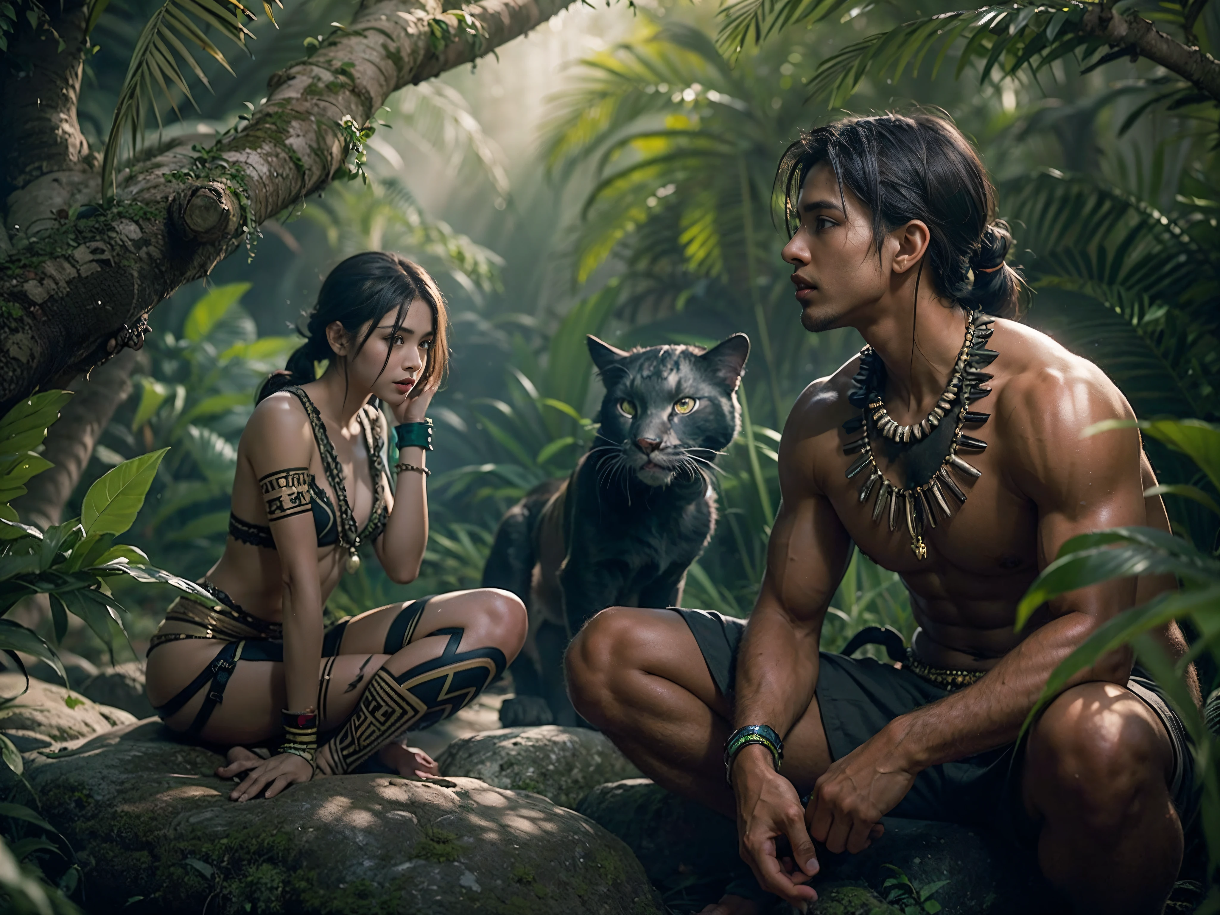 wide aerial view ung Hindi man ((Mowgli style)) shirtless with long black hair tied of the nape of his neck in a ponytail (((slender abs:1.1))), wearing tribal head dress and hunting gears, wide aerial view, sitting on the ground talking to a huge feline ((black panther )) sitting in front of the man,
great detail, realistic image, jungle background, , cover in battle scar, tribal tatoo, no dress upper and lower body, 1 leg up on rock, leg open wide to show vaginal and breast, hyper realistic, lifelike texture, dramatic lighting, Nikon RAW photo, 8k, Fujifilm XT3,CitrineDreamMix, masterpiece, best quality, realistic, naked, show vaginal, (photorealistic:1.4), ultra detailed, full body visible, (extremely detailed CG unity 8k wallpaper,masterpiece, best quality, ultra-detailed),(best illumination, best shadow, an extremely delicate and beautiful), (powerful and feminine), (jungle setting, depth of field, sunshine through trees, leaves, greenery, spirit animals)