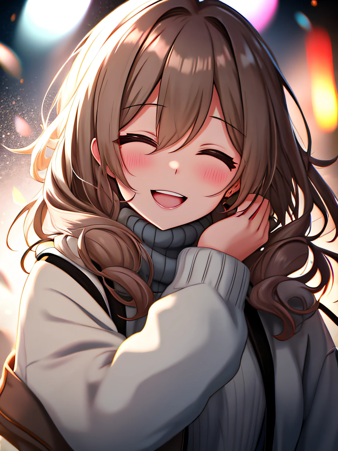 A woman who is，Wear a comfortable sweater，The upper part of the body，（big laughter：1.1），（with her mouth open：1.1），（opens his eyes wide：1.2），strong lights，Background bokeh，depth of fields，blur backgroun，light particules，strong winds， （heart particles：1.1）