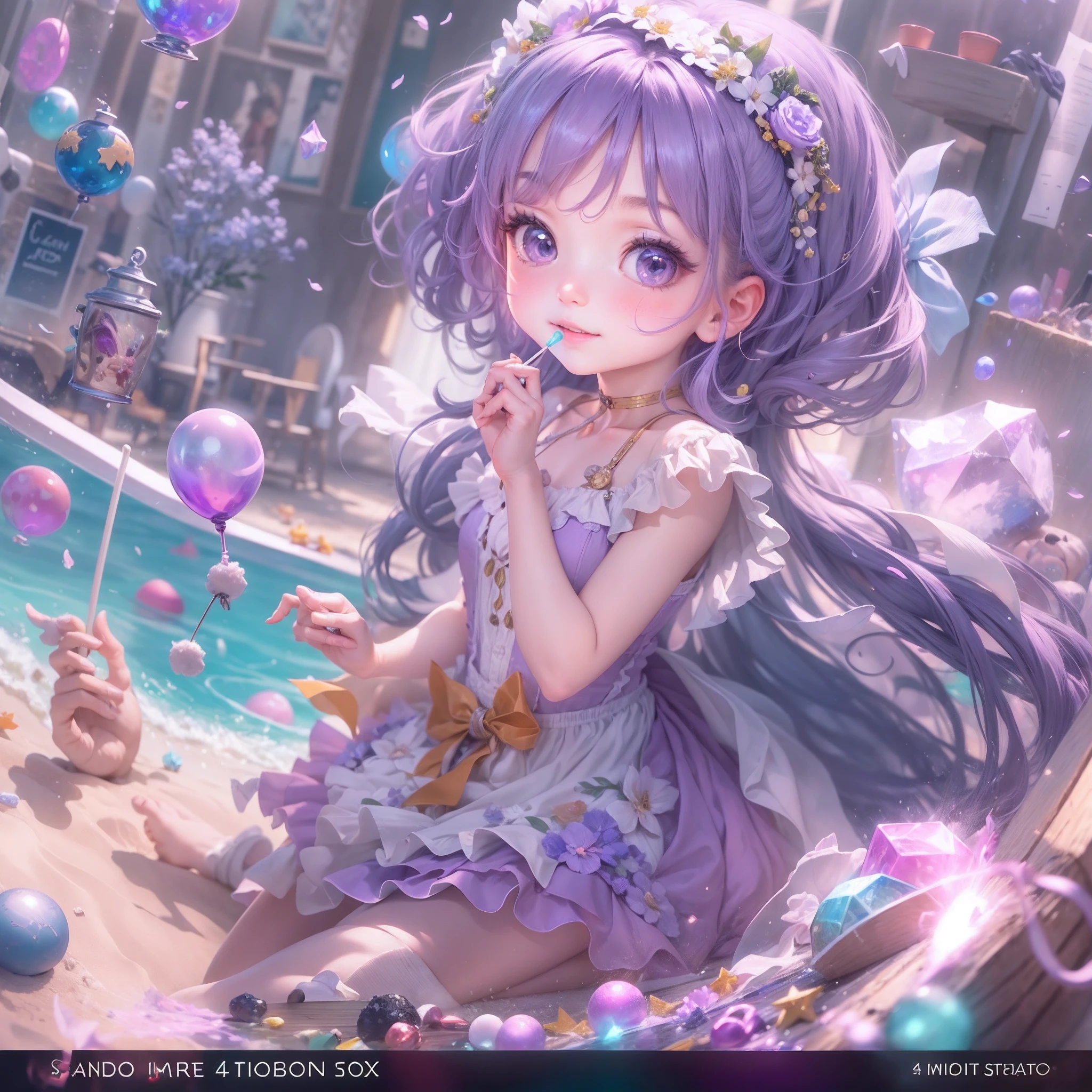 (sandbox:1.4),in a panoramic view,Solo, full bodyesbian,Beautiful cute girl, Wear delicate purple leather shoes,It's like in the ocean,Wearing a beautiful purple dress, ssmile,long light purple hair,Holding a purple lollipop in his hand,Rococo style,Material de vidro,crystal material,extremely detaile, Cinematic lighting effects,4K,tmasterpiece,offcial art